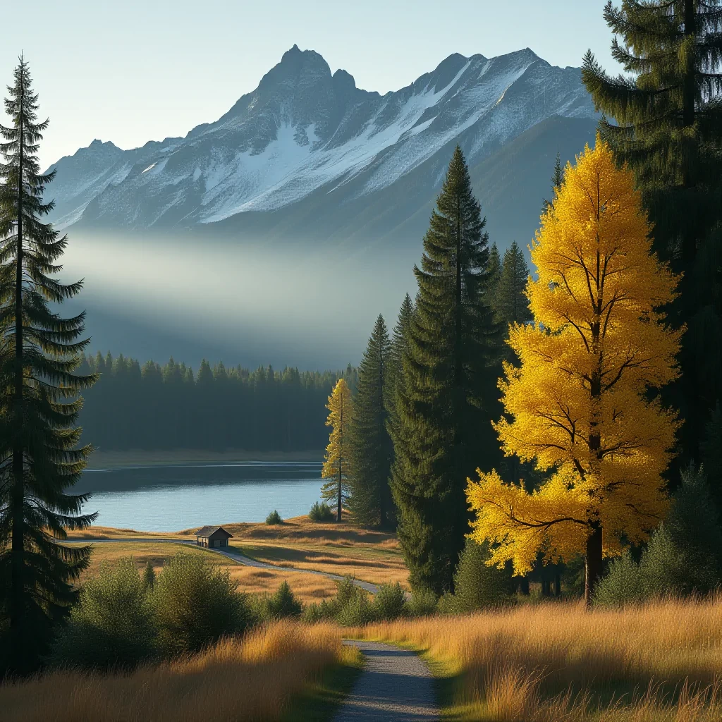 green and yellow trees rustic landscape, near a lake, in ice age, 8k --ar 2:3 --v 5 --s 750