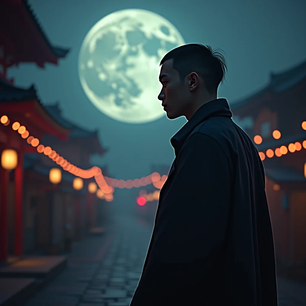 full moon in Japan, add small text 'astravision' to the lower left corner