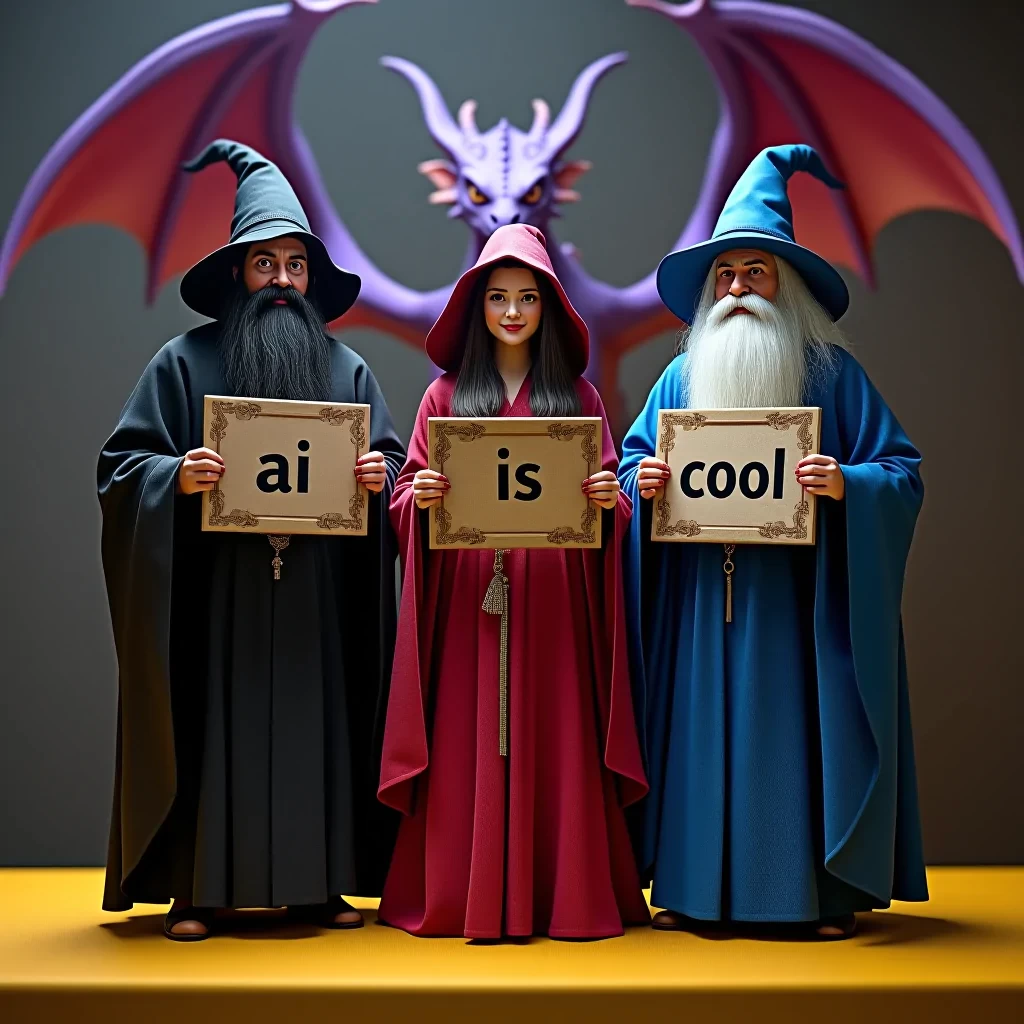 3 magical wizards stand on a yellow table On the left, a wizard in black robes holds a sign that says ‘AI’ In the middle, a witch in red robes holds a sign that says ‘is’ and on the right, a wizard in blue robes holds a sign that says ‘cool’ Behind them a purple dragon