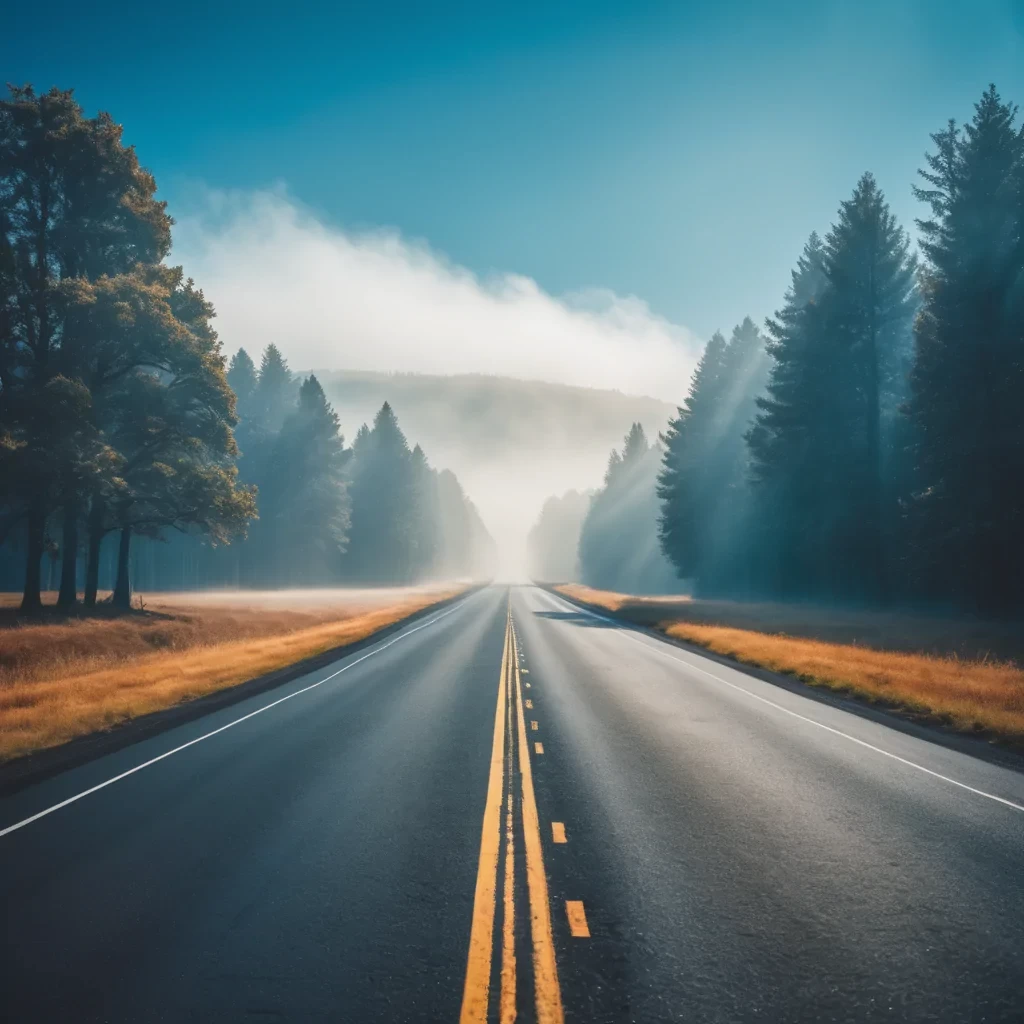 polaroid photo of a road, warm tones, perfect landscape, blue sky