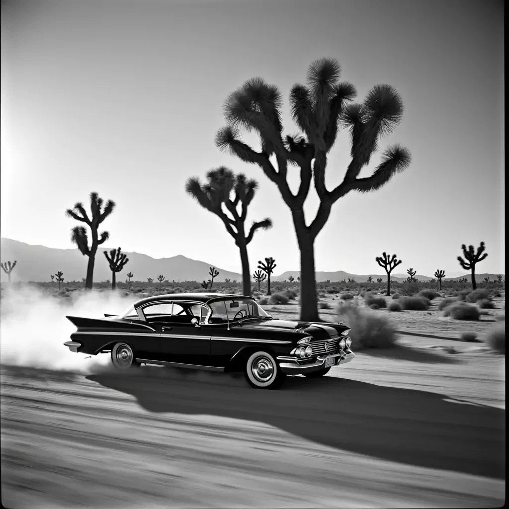 A black and white photograph of a desert scene in the mojave desert, American West, with a black tame impala retro car driving fast past joshua trees. The image has a high contrast between the light gray sand and the dark shadows, creating an intense atmosphere with a vintage film camera feel and a grainy texture
