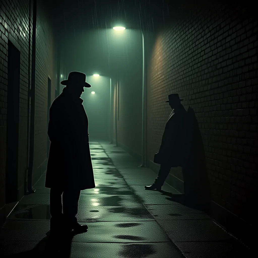 A dark, dramatic cinematic scene from a noir film. The shot captures a tense standoff in a rain-soaked alleyway, with dim streetlights casting long shadows on the wet pavement. A lone detective, dressed in a classic trench coat and fedora, stands in the foreground, his face partially obscured by shadow. In the background, a mysterious figure leans against a brick wall, shrouded in mist. The scene is framed with deep contrast, rich blacks, and moody lighting, evoking the tension and suspense of classic film noir. Hyperdetailed, intricately detailed, soft focus, HDR, 8k, cinestill 800, photography award-winner