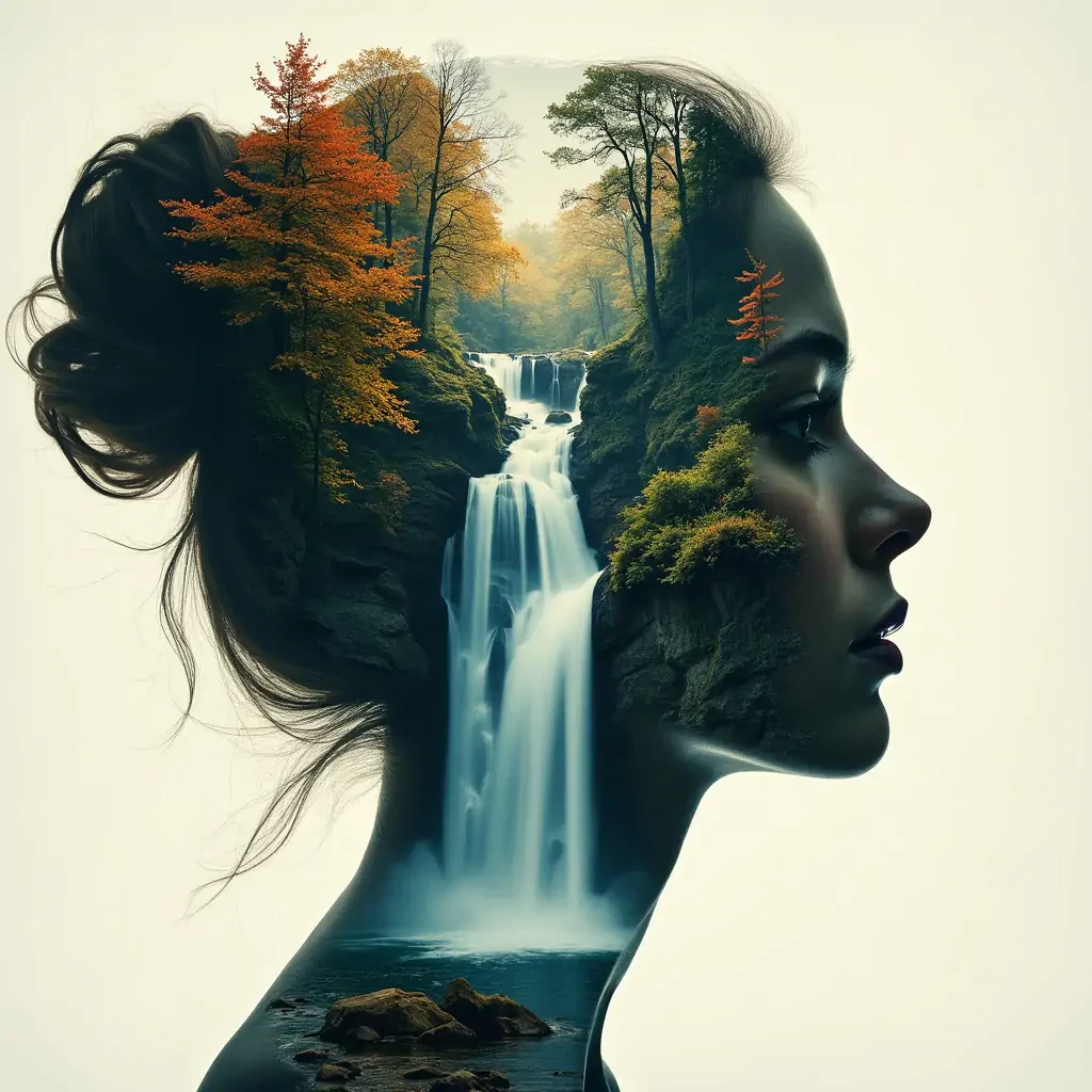 [Abstract style waterfalls, wildlife] inside the silhouette of a [woman]’s head that is a double exposure photograph . Non-representational, colors and shapes, expression of feelings, imaginative, highly detailed