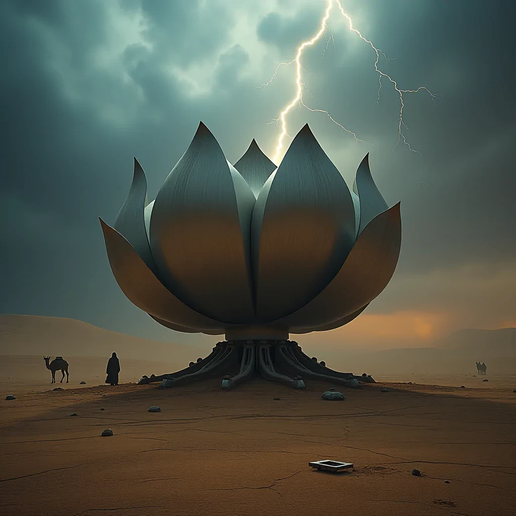 The massive metallic lotus flower stands resilient in the center of the desert as a fierce lightning storm rages above. The sky is a swirl of dark clouds, while bolts of lightning dance across the horizon, casting sharp shadows across the cracked earth. Around the flower, scattered remnants of ancient machinery lie half-buried in the sand, suggesting a forgotten civilization. Wind howls, kicking up dust that momentarily obscures the scene before dissipating to reveal a caravan of nomadic travelers in the distance, their cloaked figures silhouetted against the electric sky. Shot with a Leica SL2, the ultra-realistic detail of the flower's shimmering petals contrasts with the harsh, raw beauty of the desert, evoking Roger Deakins' vast cinematic landscapes. Every lightning strike, grain of sand, and rusted relic is captured with stunning clarity.