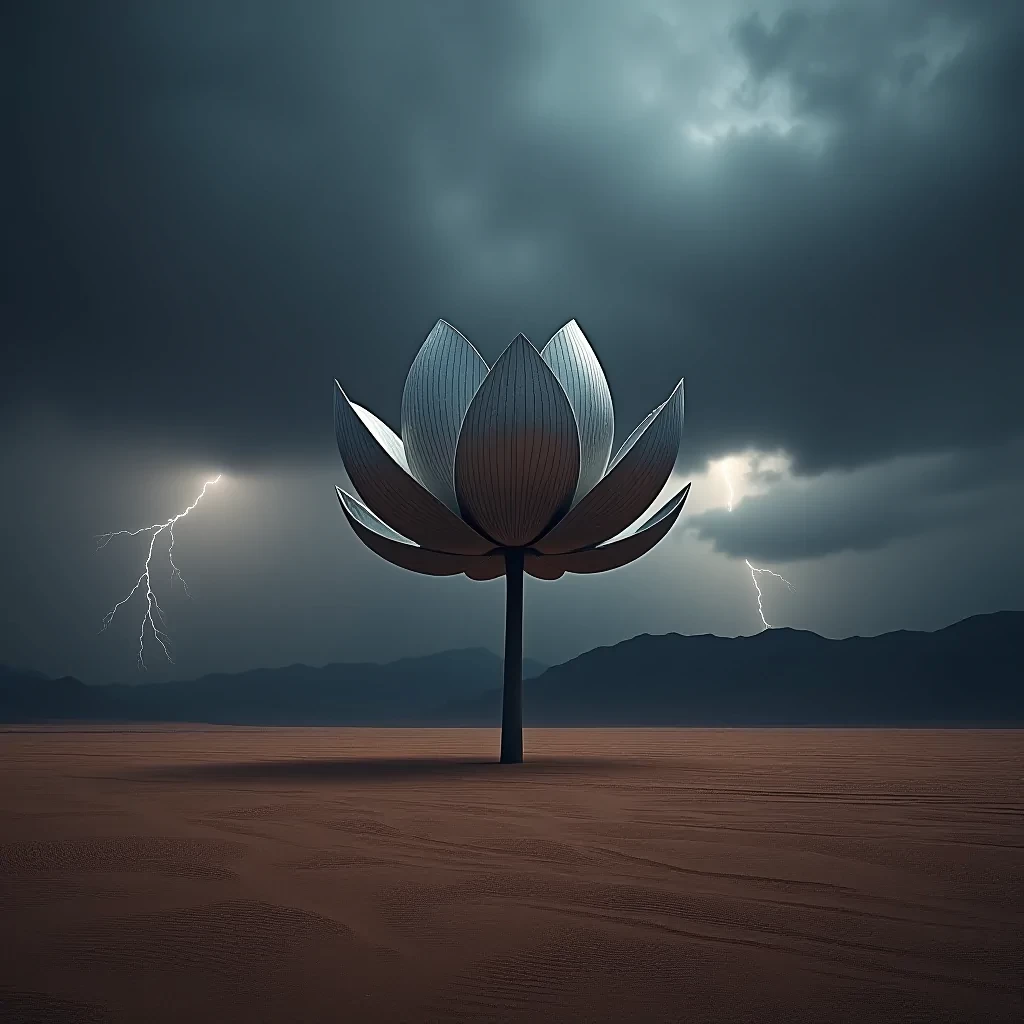 In the center of a vast, arid desert, a massive metallic lotus flower stands tall beneath a stormy sky, illuminated by bolts of lightning flashing across the horizon. The landscape is stark, but the flower’s reflective surface catches every dramatic shift in light. Shot with a Leica SL2 and a wide-angle lens, the scene feels surreal and cinematic, evoking the visionary architecture of Zaha Hadid combined with the desert surrealism reminiscent of Salvador Dalí.