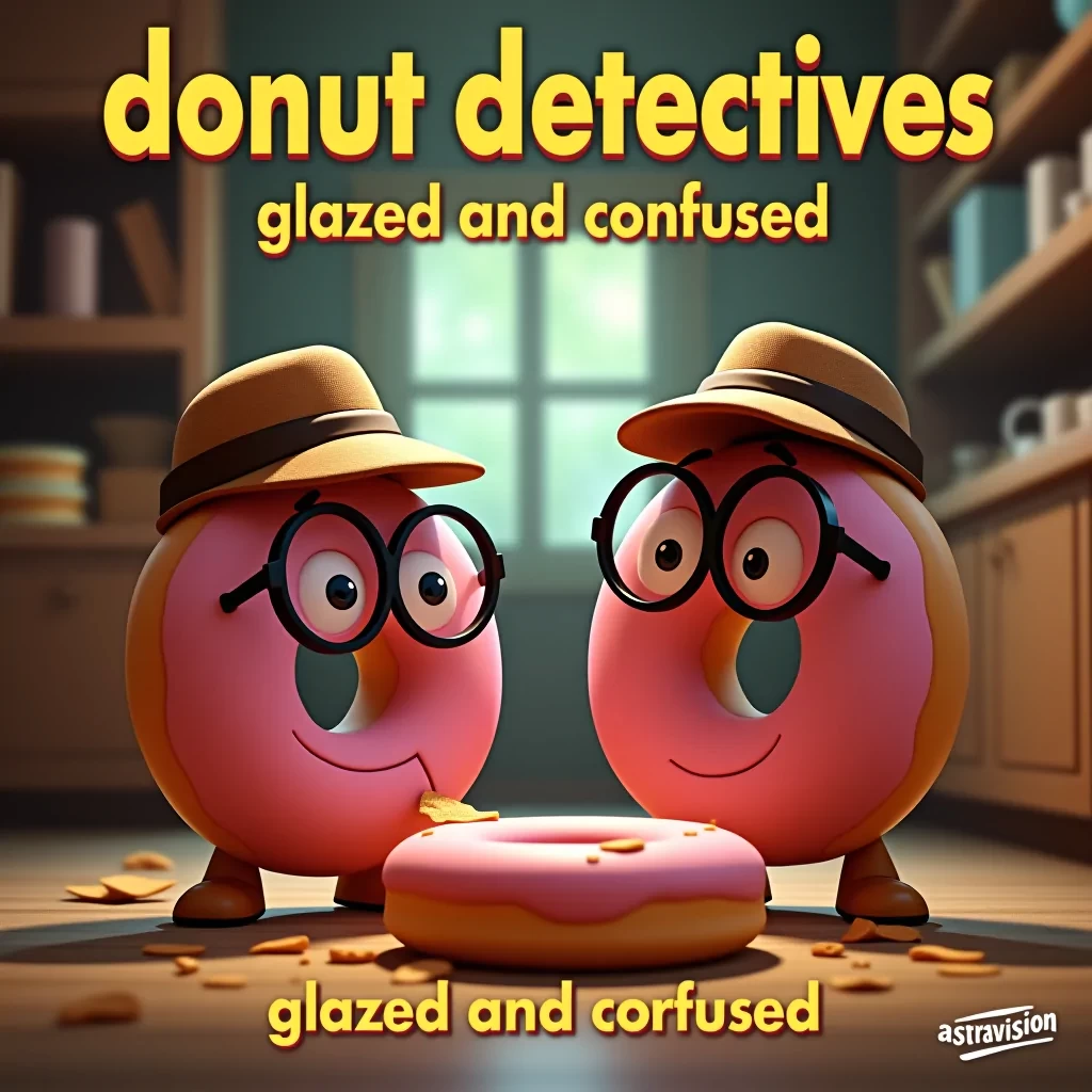 3d pixar style. Two donuts with detective hats and magnifying glasses investigating a crime scene in a bakery; one donut munching on crumbs; cinematic movie poster, top text "Donut Detectives" bottom text "Glazed and Confused". Small text "AstraVision" at bottom right corner, Cinematic, Studio, Colorful