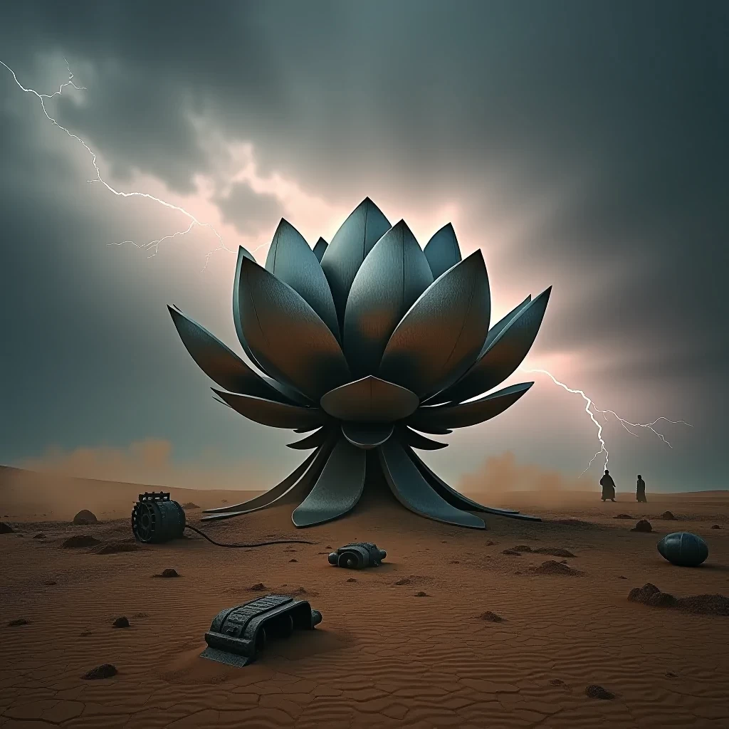 The massive metallic lotus flower stands resilient in the center of the desert as a fierce lightning storm rages above. The sky is a swirl of dark clouds, while bolts of lightning dance across the horizon, casting sharp shadows across the cracked earth. Around the flower, scattered remnants of ancient machinery lie half-buried in the sand, suggesting a forgotten civilization. Wind howls, kicking up dust that momentarily obscures the scene before dissipating to reveal a caravan of nomadic travelers in the distance, their cloaked figures silhouetted against the electric sky. Shot with a Leica SL2, the ultra-realistic detail of the flower's shimmering petals contrasts with the harsh, raw beauty of the desert, evoking Roger Deakins' vast cinematic landscapes. Every lightning strike, grain of sand, and rusted relic is captured with stunning clarity.