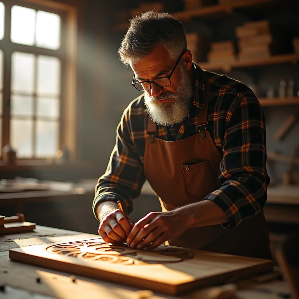 A middle-aged male woodworker in his sunlit workshop. He has weathered hands and a focused expression as he carefully carves intricate details into a piece of rich mahogany. His salt-and-pepper beard is neatly trimmed, and he's wearing a well-worn leather apron over a flannel shirt. Dust motes dance in the warm afternoon light streaming through the windows, creating a cozy atmosphere.