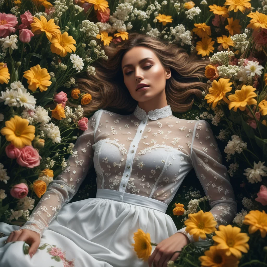 realistic girl laying in a bed of flowers