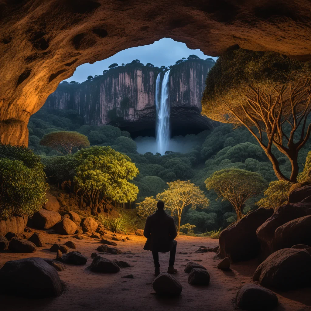photograph, landscape of a Mythical Grotto from inside of a Harare, at Twilight, Depressing, Cloudpunk, Cold Lighting, dynamic, Nikon d850, Depth of field 270mm, Amaro, Golden ratio