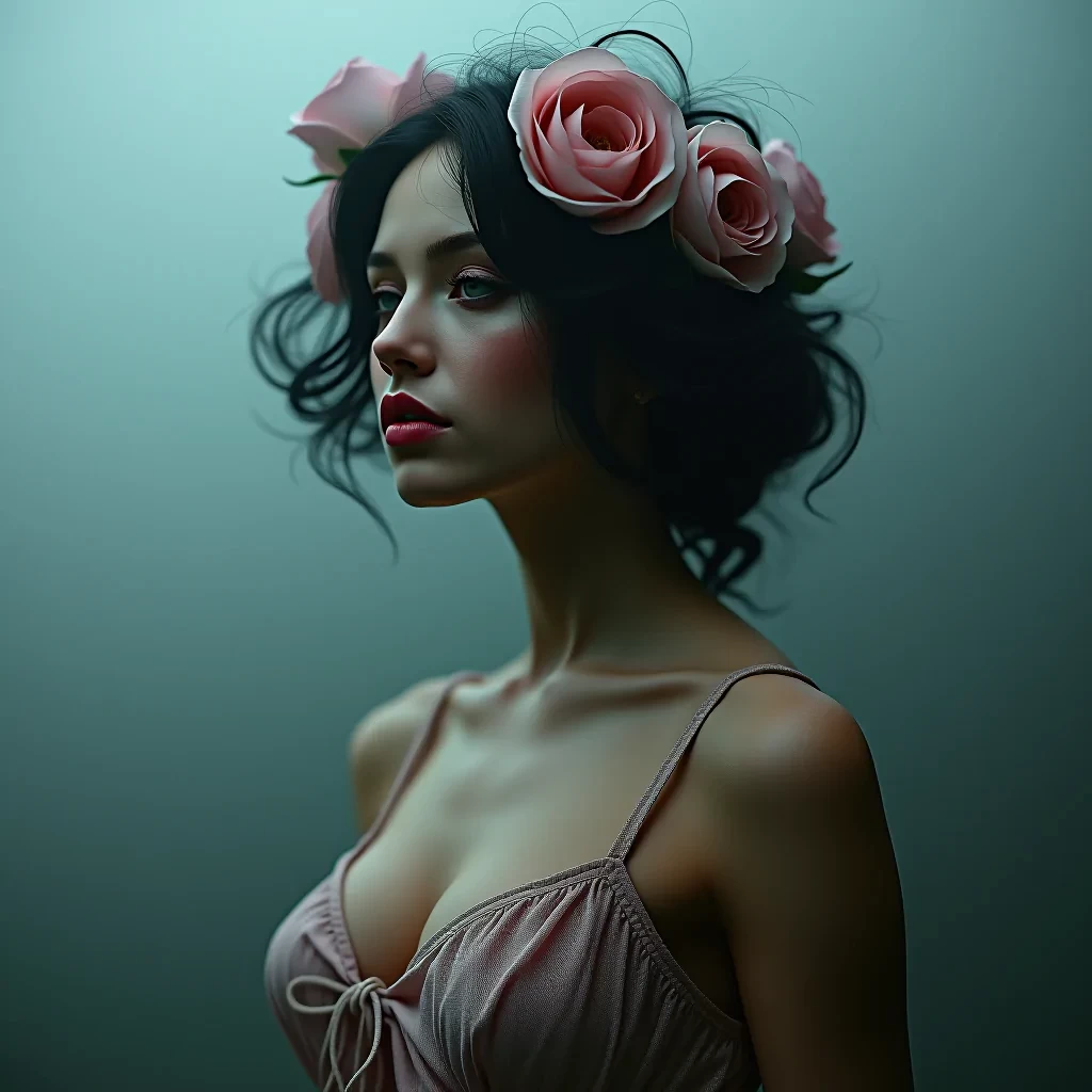 (style of TOM BAGSHAW) nude woman (creepy, gloomy and misty:1.1) flowers in hair