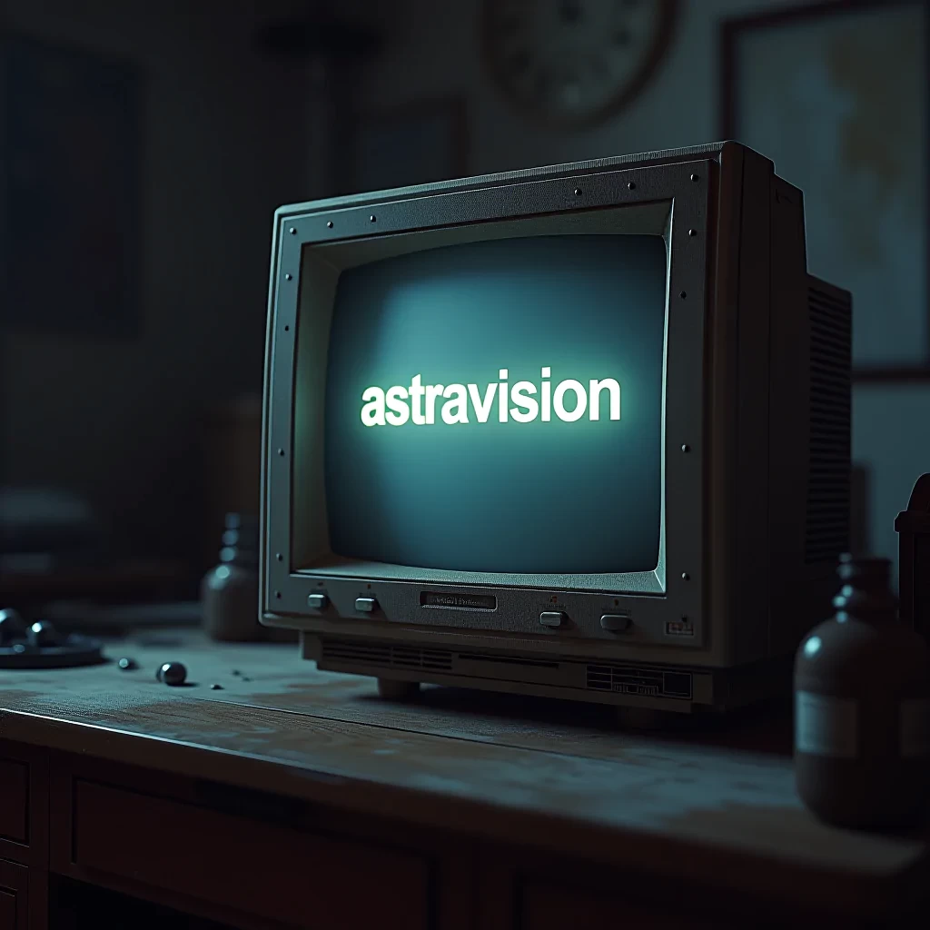 detailed cinematic dof render of an old dusty detailed CRT monitor on a wooden desk in a dim room with items around, messy dirty room. On the screen are the letters “AstraVision” glowing softly. High detail hard surface render
