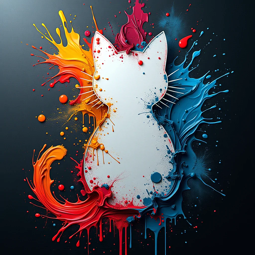 a swirl of colorful paints, abstract art dark background, dynamic angle, bright colors, paint drips, canvas in the middle, with abstract paint splashes and smudges. negative space themed, the center is a perfectly empty clean white canvas shaped like a cat hyperrealistic, full body, detailed clothing, highly detailed, cinematic lighting, stunningly beautiful, intricate, sharp focus, f/1. 8, 85mm, (centered image composition), (professionally color graded), ((bright soft diffused light)), volumetric fog, trending on instagram, trending on tumblr, HDR 4K, 8K