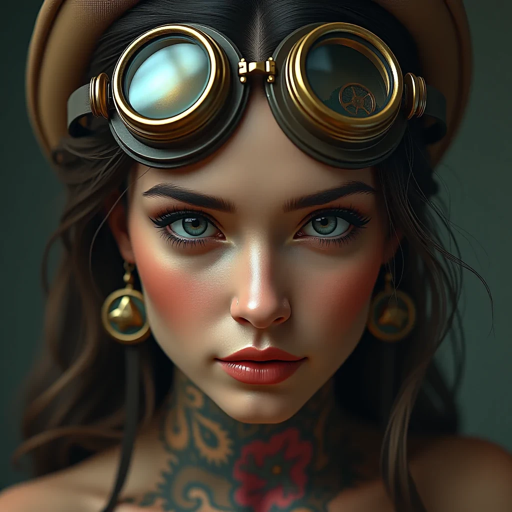 A seductively steampunk-themed girl with bronze goggles resting on her head, revealing a hint of cleavage. This hyper-realistic portrait captures every intricate detail, from the intricate gears and intricate tattoos adorning her skin to the subtle shadows playing across her features. The image is a striking painting, showcasing the subject's alluring presence in vibrant colors and meticulous precision, creating a sense of realism that draws the viewer in. Every element in the picture is masterfully executed, breathing life into the character and immersing spectators in a world where fantasy meets sensuality.