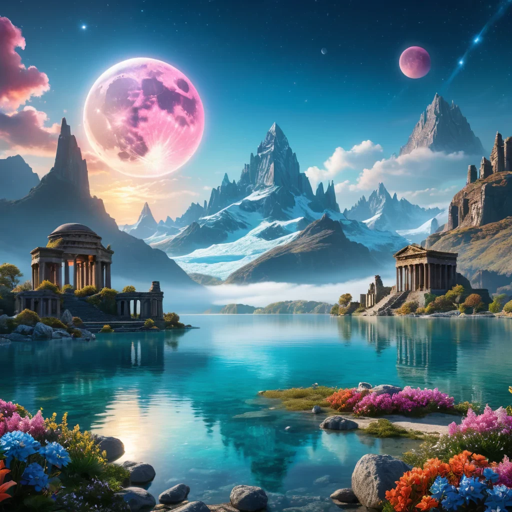 A breathtaking fantasy landscape featuring towering crystal mountains, vibrant alien flora, and a serene azure lake under a star-filled sky with two moons, detailed foreground with luminescent flowers and ancient ruins, vibrant colors, epic scale, 4K resolution
