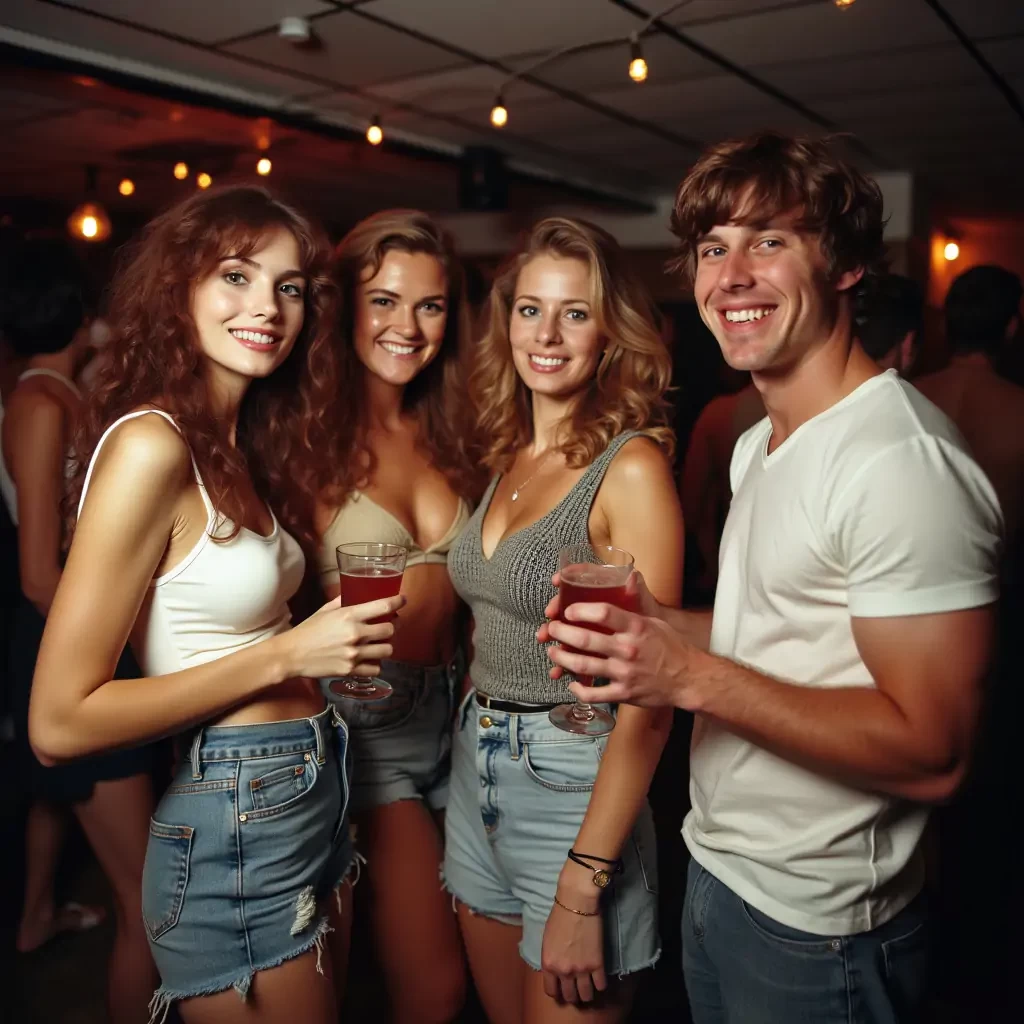 Realistic college party group photos  in 80s, high detailed, ultra high definition
