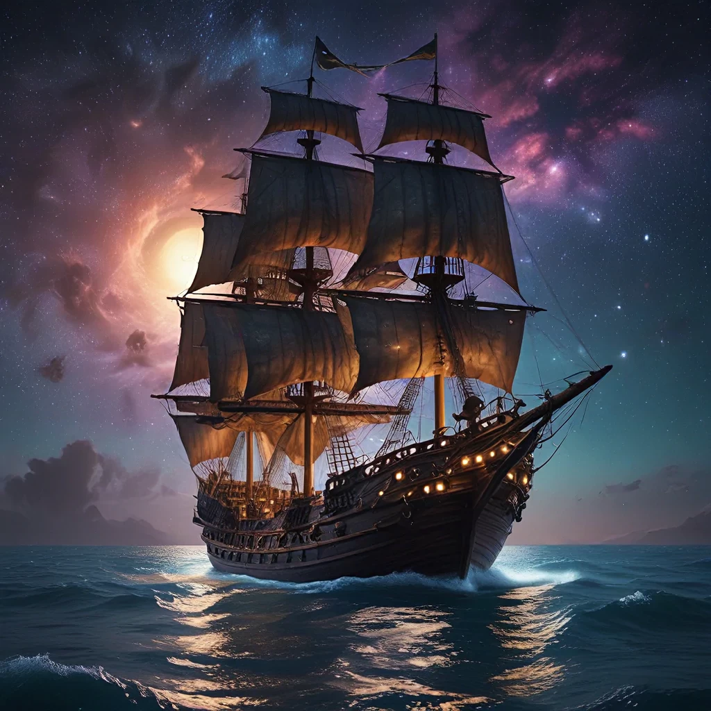 (Illuminated Pirate ship sailing on a sea with a galaxy in the sky), epic, 4k, ultra,