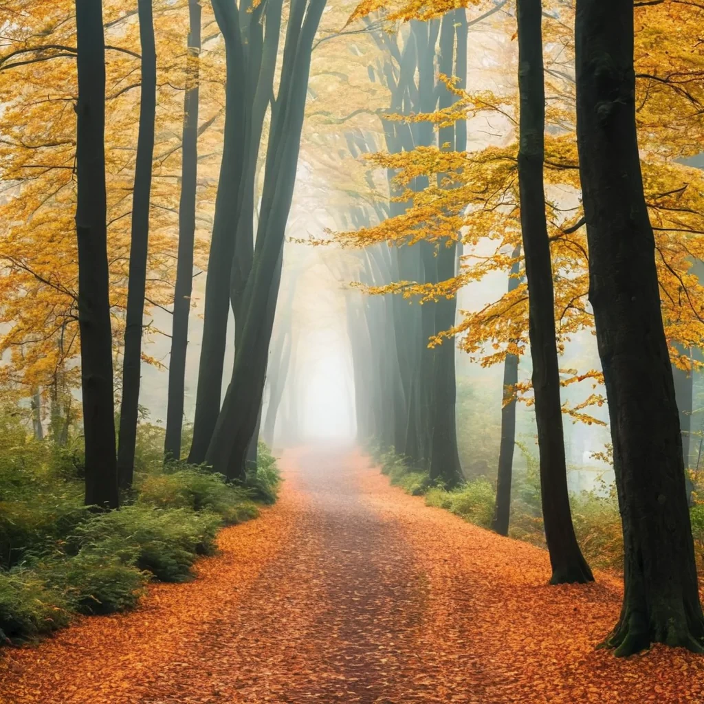 photograph, a path in the woods with leaves  and the sun shining , by Julian Allen, dramatic autumn landscape, ears, park, take off, peace, rich cold moody colours, hi resolution, oaks