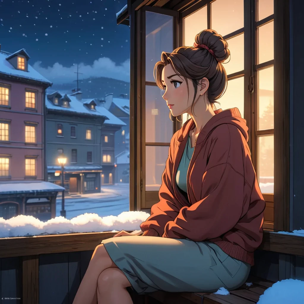 lofi anime drawing of an extremely beautiful woman with hair in a messy bun sitting next to a window, snowy night, pondering life, relaxed expression, beautiful colors, studio ghibli, anime style, drawing, beautiful detailed eyes, illustration, clean, high quality, extremely detailed, beautiful, inspiring<lora:SDXLFaeTastic2400:0.8>