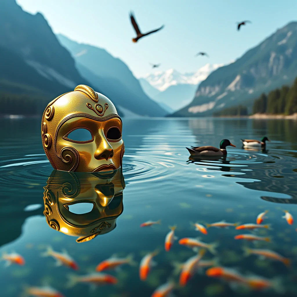 Beneath the surface of the mountain lake, the golden mask glimmers in the clear water, its reflection perfectly mirrored on the calm surface. Schools of tiny, colorful fish swim lazily by, their scales catching the sunlight that filters through the water. The distant mountains are alive with wildlife—deer graze on the slopes, while eagles soar overhead. A light breeze ripples the surface of the lake, momentarily distorting the reflection of the mask and mountains. Nearby, a family of ducks swims in formation, leaving soft wakes in the glassy water. Shot with a Hasselblad X1D II 50C in ultra-realistic detail, the scene is serene yet full of subtle life, inspired by Edward Weston’s precise compositions. Every ripple, every feather, and every grain of sand on the lakebed is rendered with extraordinary clarity, creating a surreal yet hyper-realistic composition.