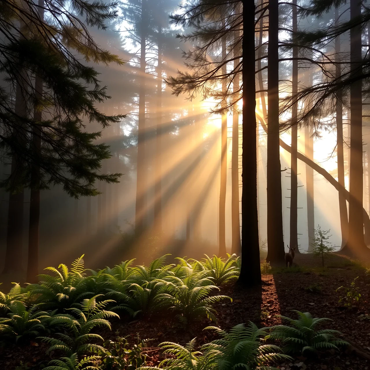 A tranquil forest scene at dawn, with dense mist hanging between the towering pine trees. The sunlight filters through the branches, casting soft, golden rays across the forest floor, which is covered with ferns and fallen leaves. A small deer can be seen in the distance, adding a touch of wildlife to the serene scene.