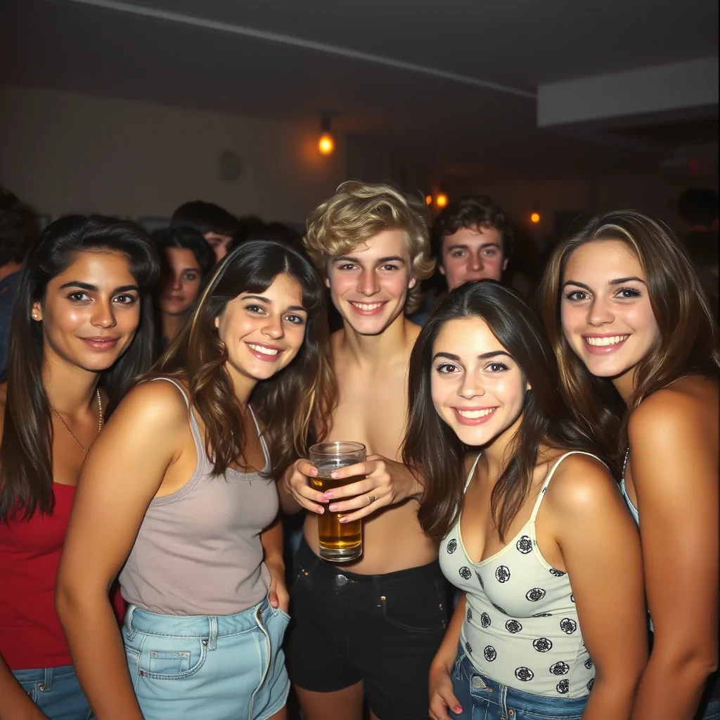 Realistic college party group photos  in 80s, high detailed, ultra high definition