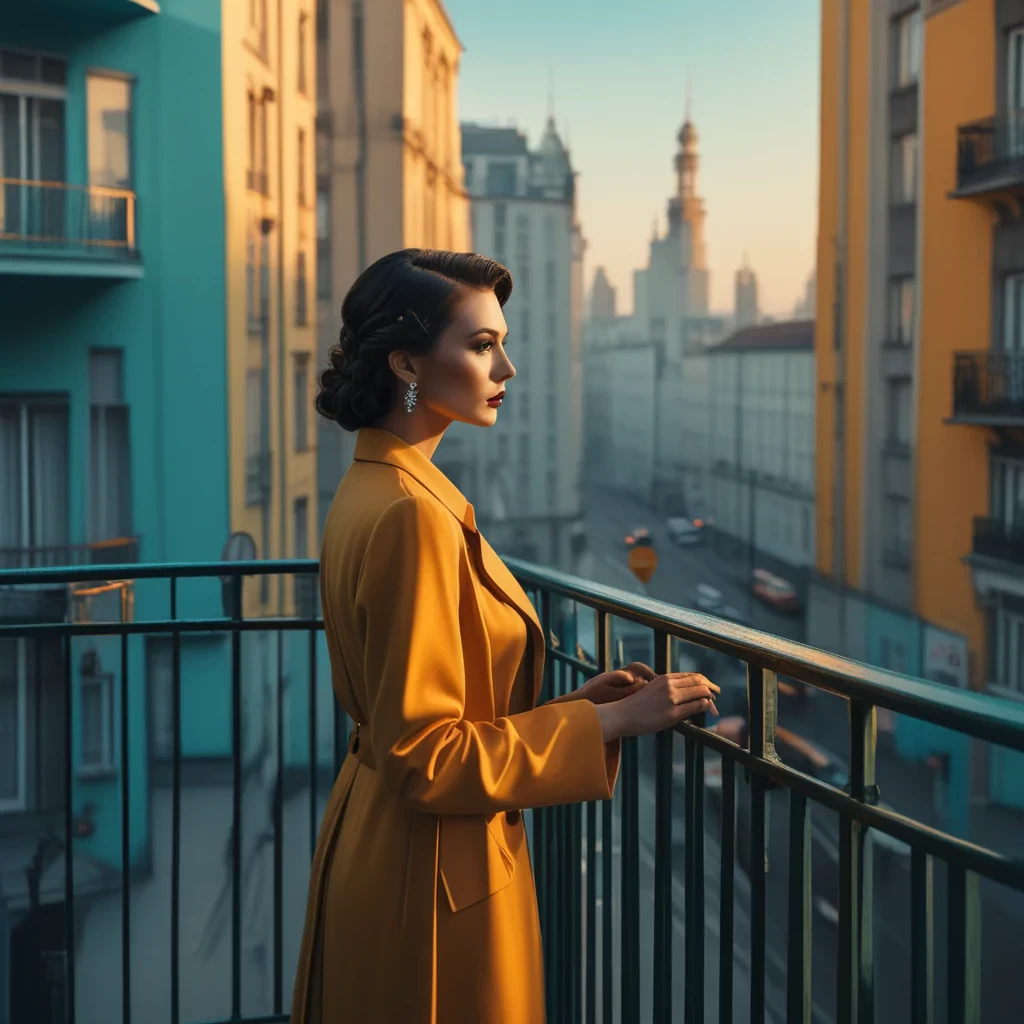 dark art deco,  German expressionism,  film noir, city skyline by night, golden orange, yellow sky with light shade of cyan and  light blue,  tall flats, shadows, street, traffic, signals seen through a extended balcony