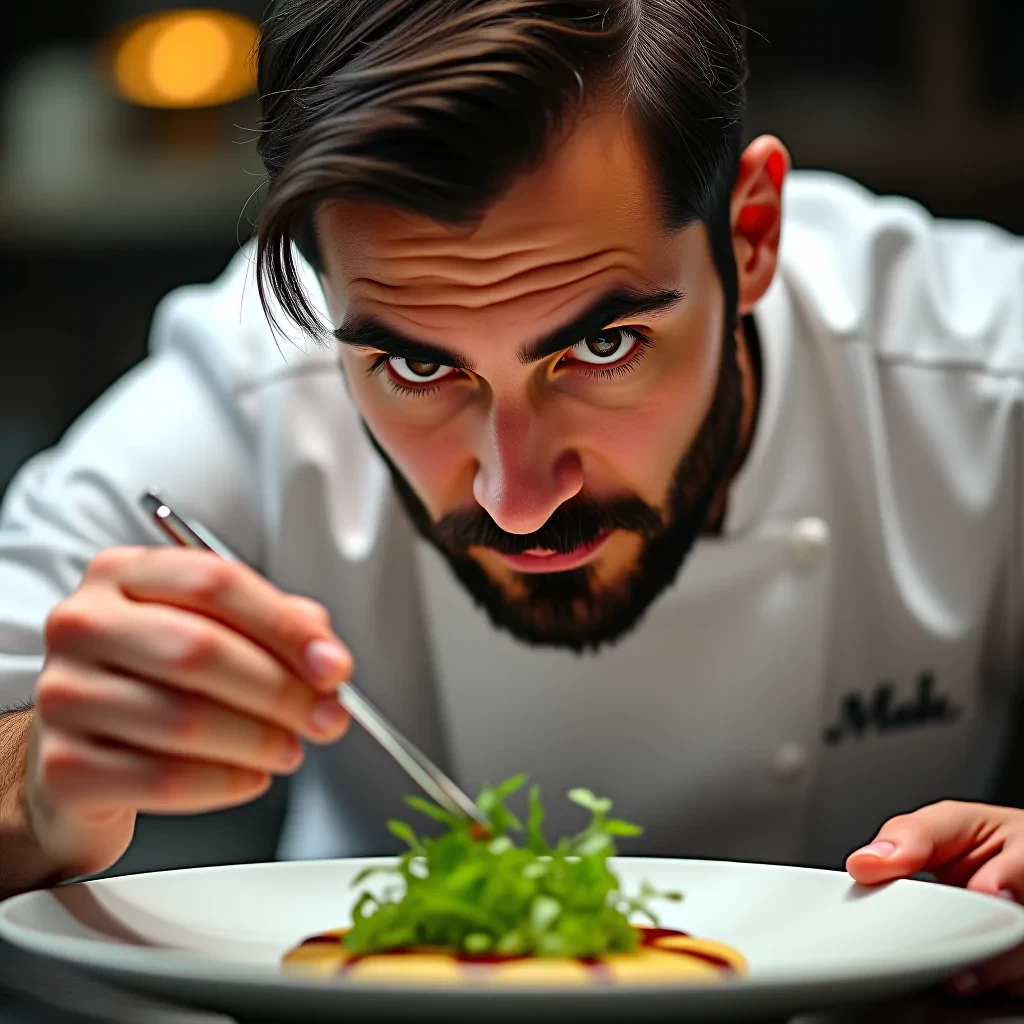 A close-up of a passionate chef in his late 30s as he plates a gourmet dish. He has a neatly trimmed beard, intense brown eyes, and a look of deep concentration. A few strands of his dark hair fall across his forehead as he carefully arranges micro-greens with tweezers. He's wearing a crisp white chef's jacket with his name embroidered on it. The background is slightly blurred, showing the bustling kitchen of a high-end restaurant.