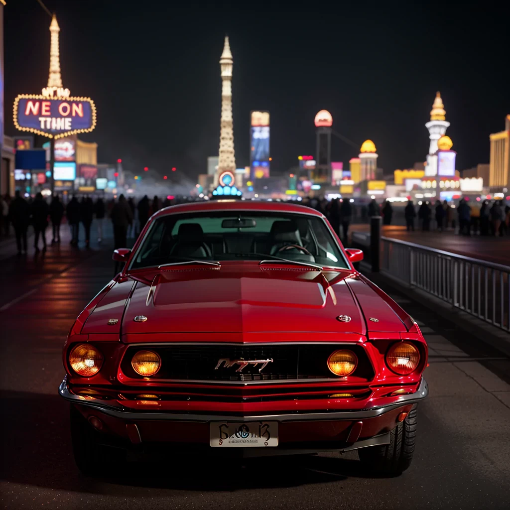 Photo of a classic red mustang car parked in las vegas strip at night
