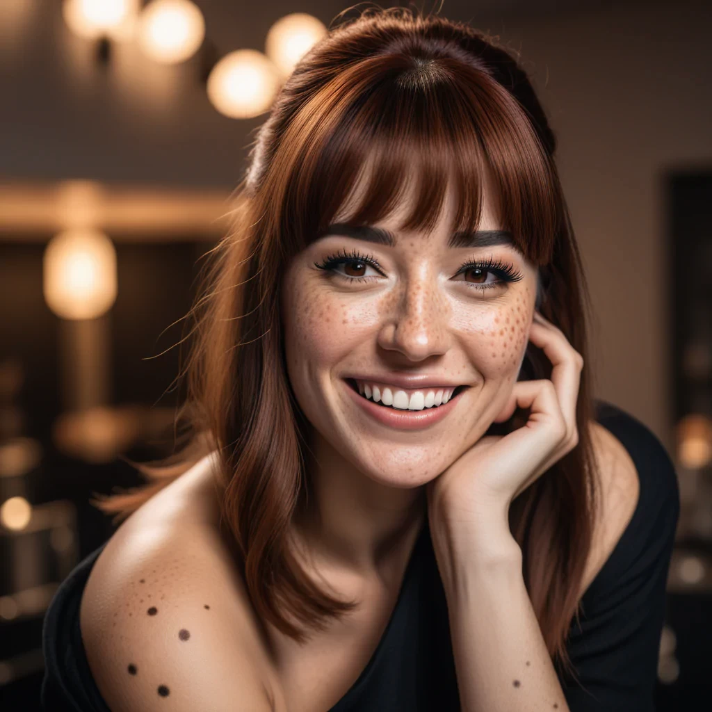 beautiful lady, (freckles), big smile, brown hazel eyes, Full Bangs, dark makeup, hyperdetailed photography, soft light, head and shoulders portrait, cover