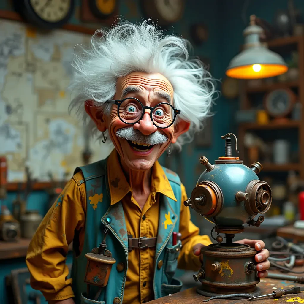 A quirky inventor in his mid-60s stands proudly next to his latest creation in his cluttered workshop. He has wild, Einstein-like white hair, twinkling blue eyes behind round spectacles, and an excited grin. His face is smudged with grease, and he's wearing a lab coat covered in colorful stains and patches. The background is filled with an assortment of bizarre contraptions, blueprints, and tools. Soft, warm lighting from an old-fashioned desk lamp illuminates the scene.