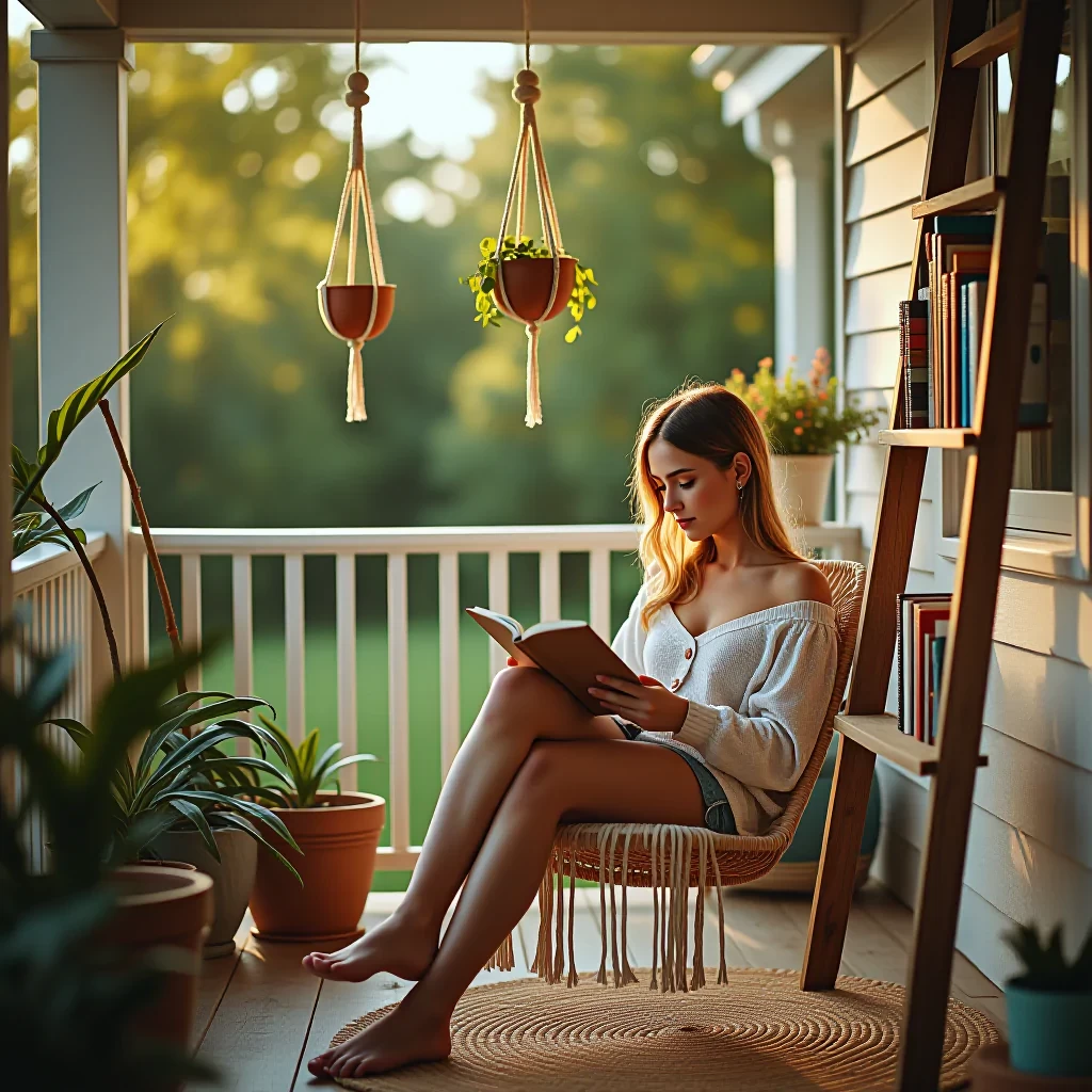 high quality portrait photo of a cozy porch reading nook with a diy hanging chair, handmade macrame plant hangers, and a repurposed ladder bookshelf, captured in warm afternoon light hyperrealistic, full body, detailed clothing, highly detailed, cinematic lighting, stunningly beautiful, intricate, sharp focus, f/1. 8, 85mm, (centered image composition), (professionally color graded), ((bright soft diffused light)), volumetric fog, trending on instagram, 8K