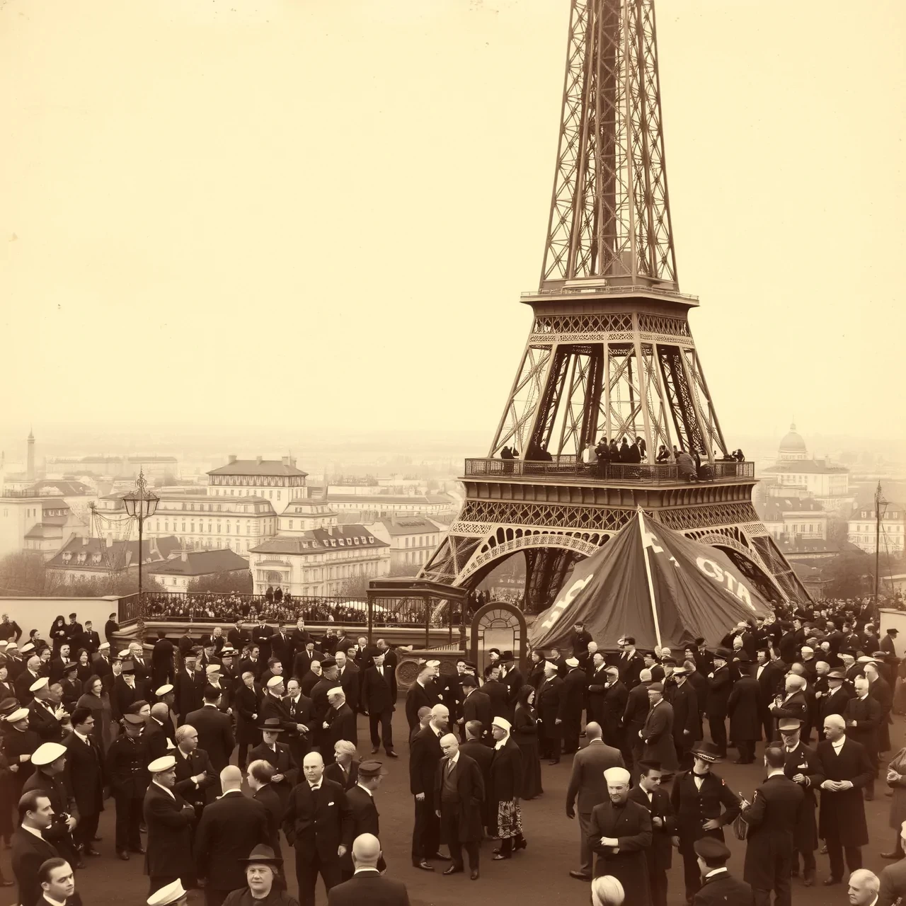 A photograph from [the opening of the Eiffel Tower in Paris in 1889] captures the monumental occasion with a grand, historic ambiance. The image shows [the towering iron structure, still under construction, against a backdrop of a bustling Parisian skyline]. Crowds of people, dressed in late 19th-century attire, are gathered around, marveling at the iconic new landmark. The photograph exudes a sense of excitement and wonder as [Parisians celebrate the unveiling of this groundbreaking architectural feat].