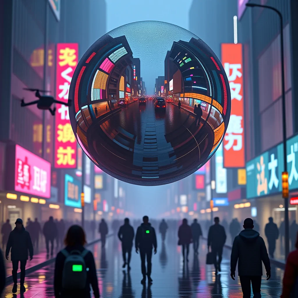 The iridescent sphere floats gracefully above the neon-lit city, its surface reflecting not only the glowing billboards but also bustling flying vehicles zipping past at varying heights. Below, people in futuristic attire swarm the streets, their holographic devices casting ambient glows that merge with the neon haze. Rain lightly falls, creating reflective puddles on the streets that catch the sphere's light, while drones buzz overhead, monitoring the crowd. Captured in ultra-realistic detail with a Canon EOS 5D Mark IV, the scene is a living, breathing metropolis, inspired by Alex Webb's street photography, with every surface alive with light, color, and movement. The contrast between the organic nature of the sphere and the vibrant mechanical city adds depth and intrigue, making the viewer feel fully immersed in this future world