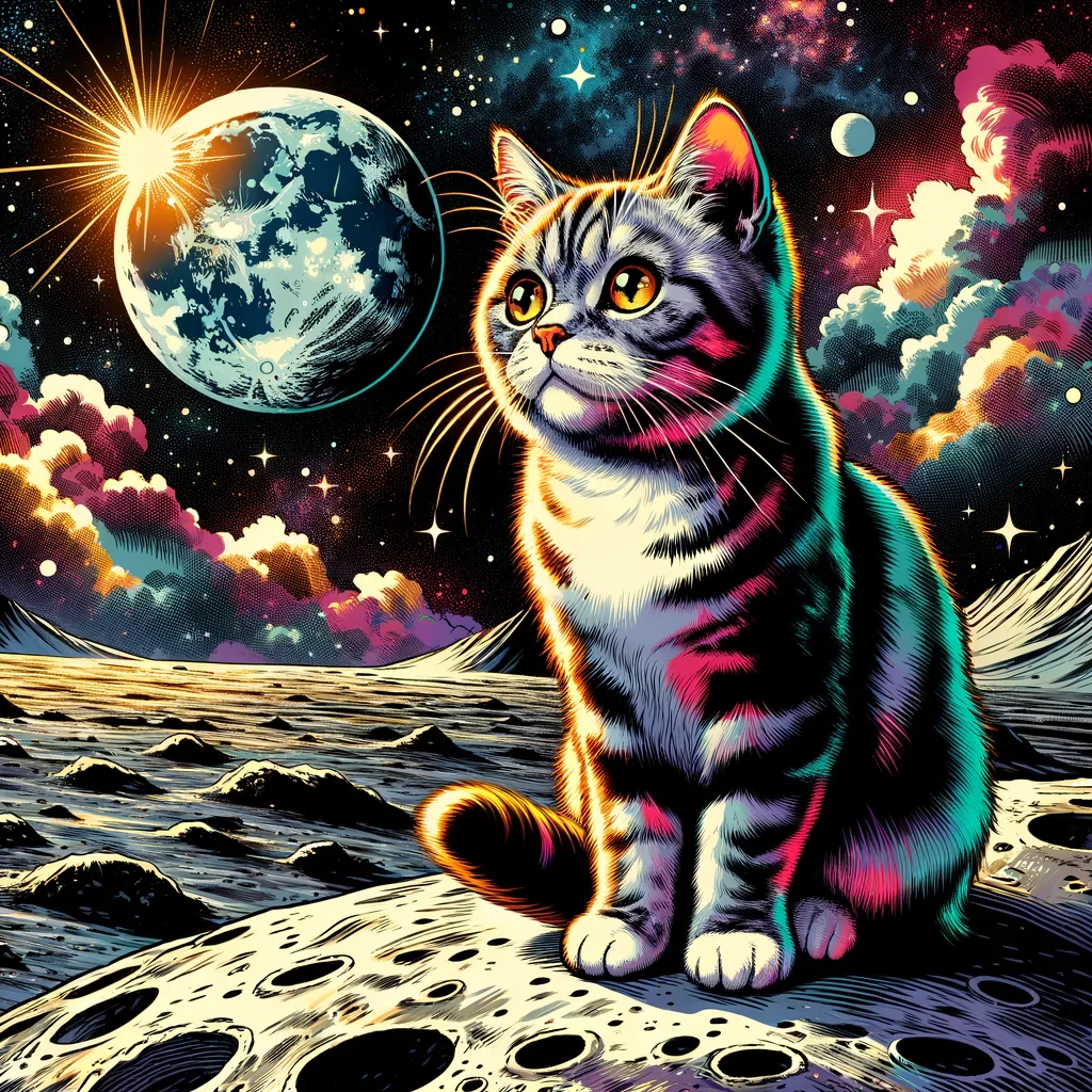 Cat on the moon, comic book, marvel style, dc comic