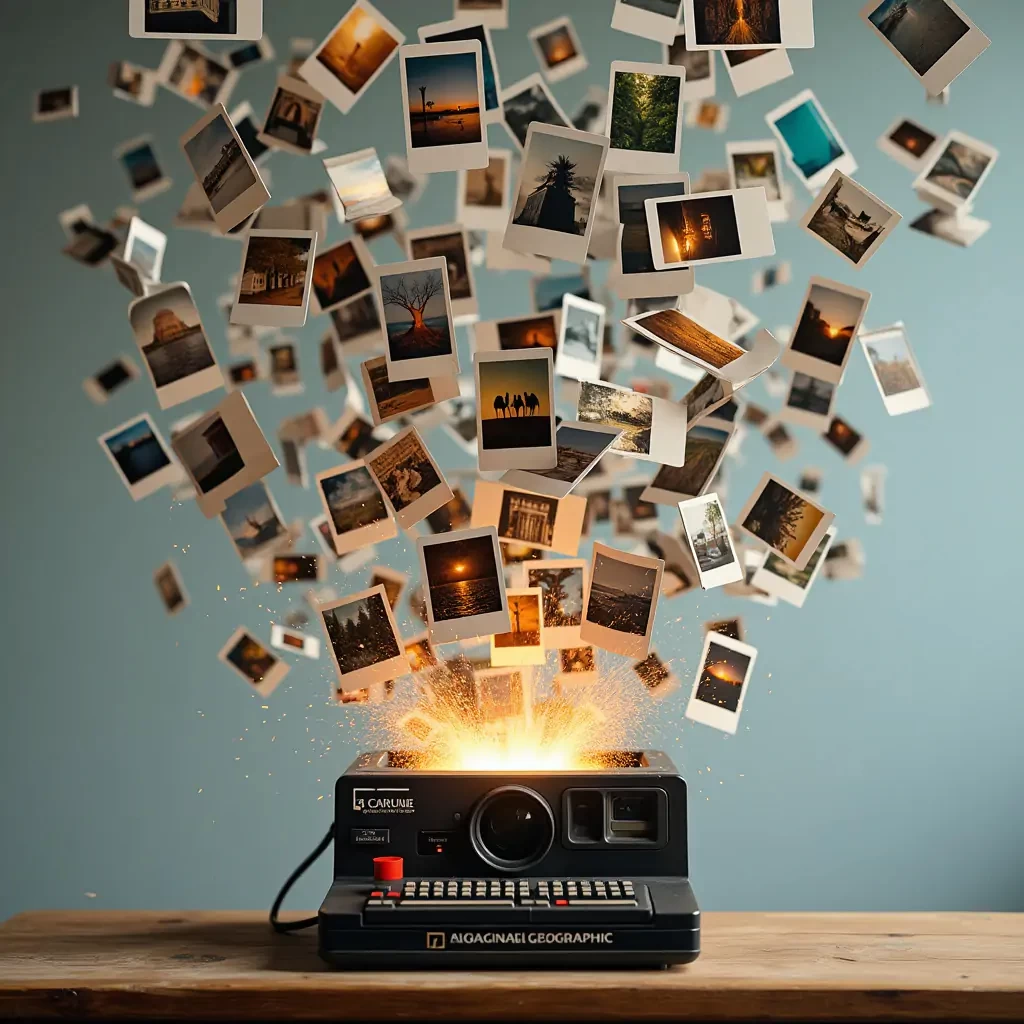 A machine generating endless of polaroid images and blowing them up into the air. Realistic National geographic photo