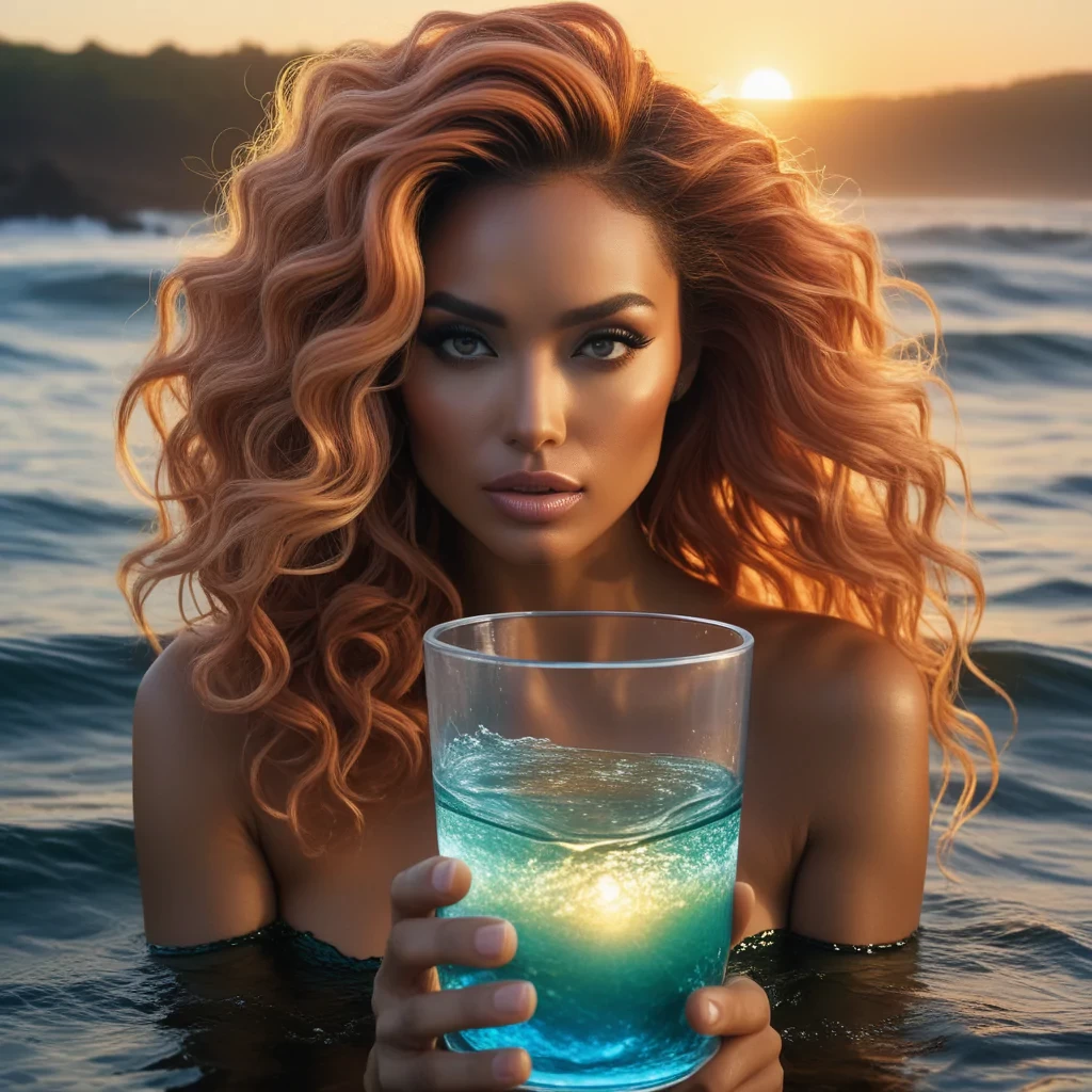 Anime, studio, dense pond, highly detailed, (Female Bond Girl:1.3) , she is Epic and Divine, inside a Shot glass Mermaid waves hair, Wavy hair, at Sunrise, Panorama, Awe, elegant, Grungepunk, Indirect light, macro lens, Agfacolor, stylized by Chuck Close, Bill Watterson and Glenn Fabry