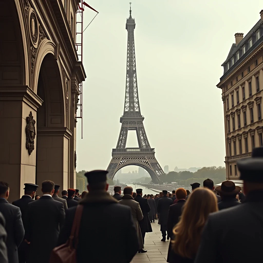 A photograph from [the opening of the Eiffel Tower in Paris in 1889] captures the monumental occasion with a grand, historic ambiance. The image shows [the towering iron structure, still under construction, against a backdrop of a bustling Parisian skyline]. Crowds of people, dressed in late 19th-century attire, are gathered around, marveling at the iconic new landmark. The photograph exudes a sense of excitement and wonder as [Parisians celebrate the unveiling of this groundbreaking architectural feat].
