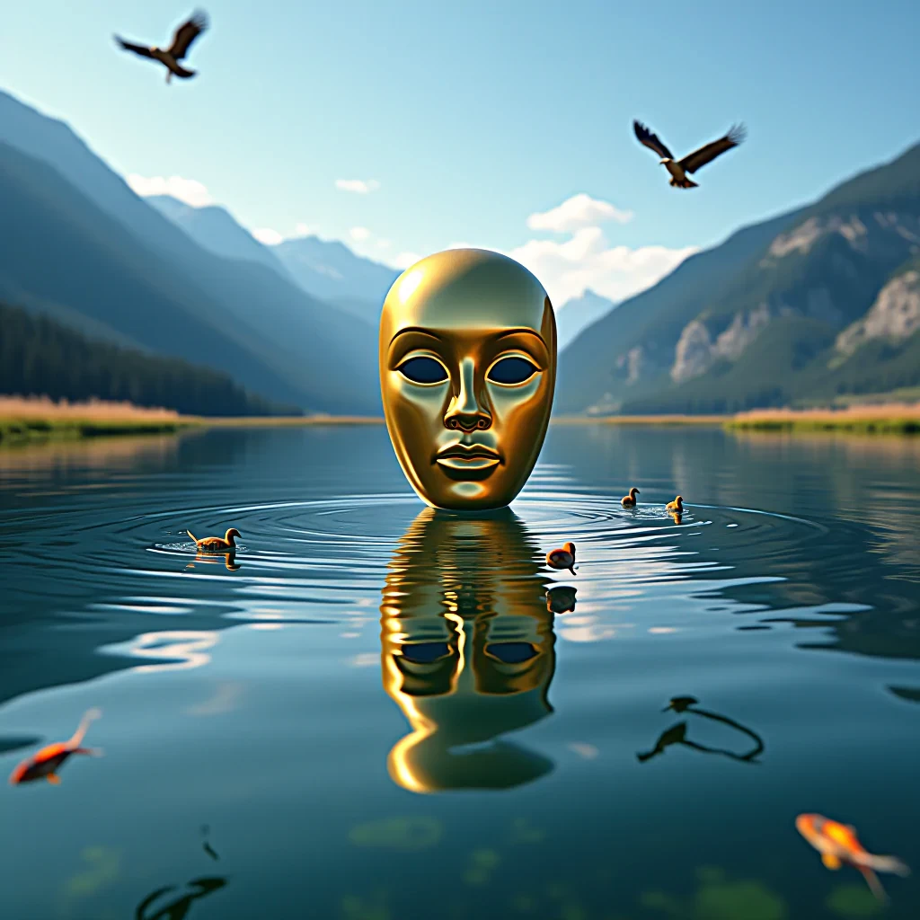 Beneath the surface of the mountain lake, the golden mask glimmers in the clear water, its reflection perfectly mirrored on the calm surface. Schools of tiny, colorful fish swim lazily by, their scales catching the sunlight that filters through the water. The distant mountains are alive with wildlife—deer graze on the slopes, while eagles soar overhead. A light breeze ripples the surface of the lake, momentarily distorting the reflection of the mask and mountains. Nearby, a family of ducks swims in formation, leaving soft wakes in the glassy water. Shot with a Hasselblad X1D II 50C in ultra-realistic detail, the scene is serene yet full of subtle life, inspired by Edward Weston’s precise compositions. Every ripple, every feather, and every grain of sand on the lakebed is rendered with extraordinary clarity, creating a surreal yet hyper-realistic composition.
