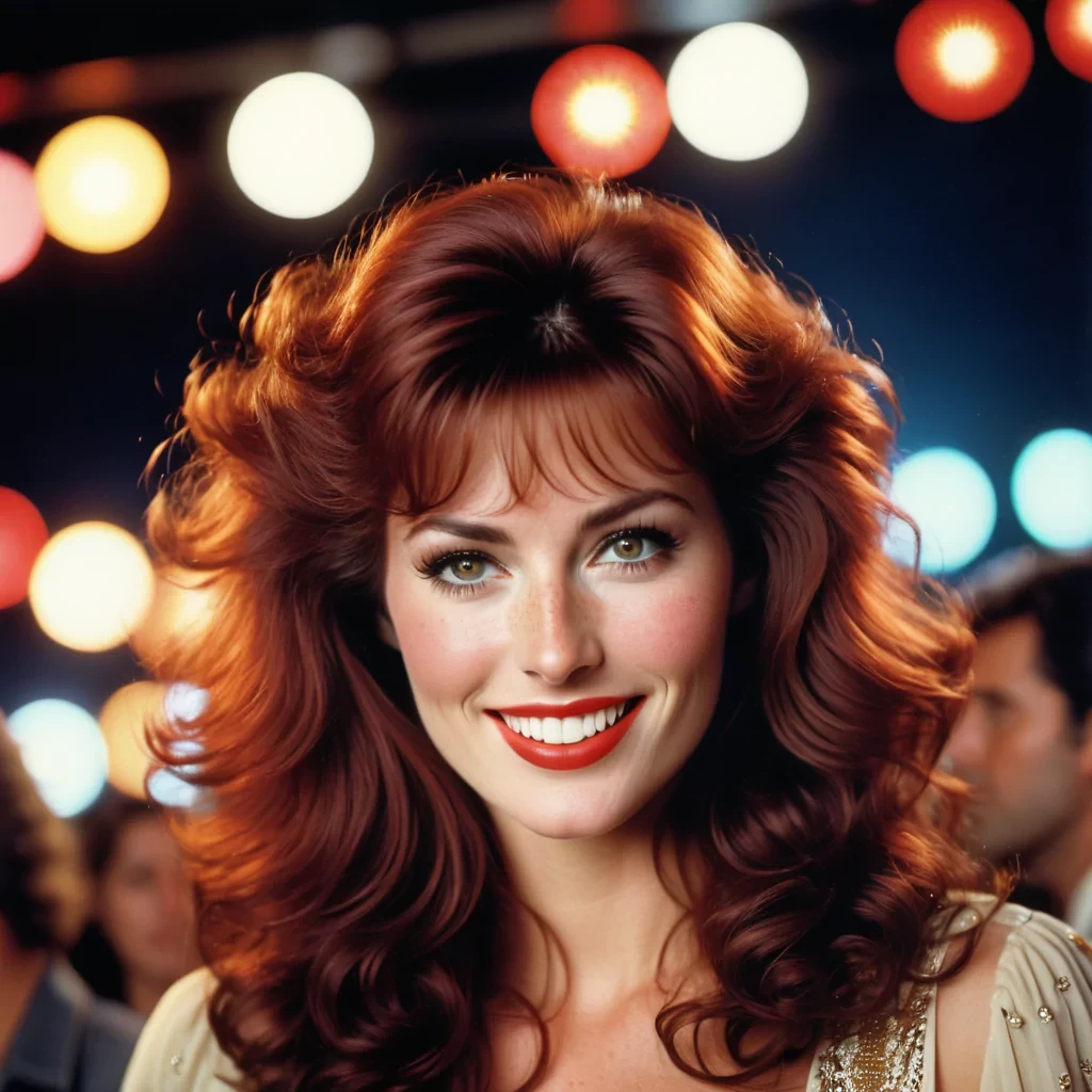 1980s vintage photo, extremely beautiful woman,  freckles, beautiful eyes,, dark red hair, wavy, brown eyes, 1980s big poofy hair with big bangs,smile , many freckles, polaroid 1980s rock concert, groupie, rock fan, vintage