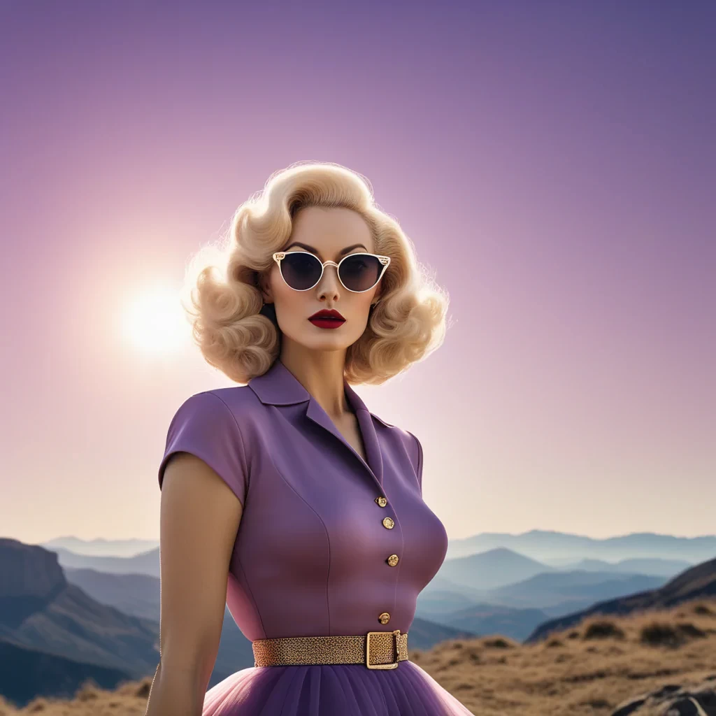 by Ken Loach, photograph, a captivating woman 1950s poodle skirtsed in her early 20s and blonde hair, wields an elegant Browline glasses, beckoning her viewers to take on the surreal landscape. The sun is shining brightly in the sky, casting a golden glow over the scene. Rough sketch, Grim, Animecore, Cold Lighting, double exposure, Kodak Ektar 100, F/5, sharp and in focus, (key visual, cinematic purple Color grading)