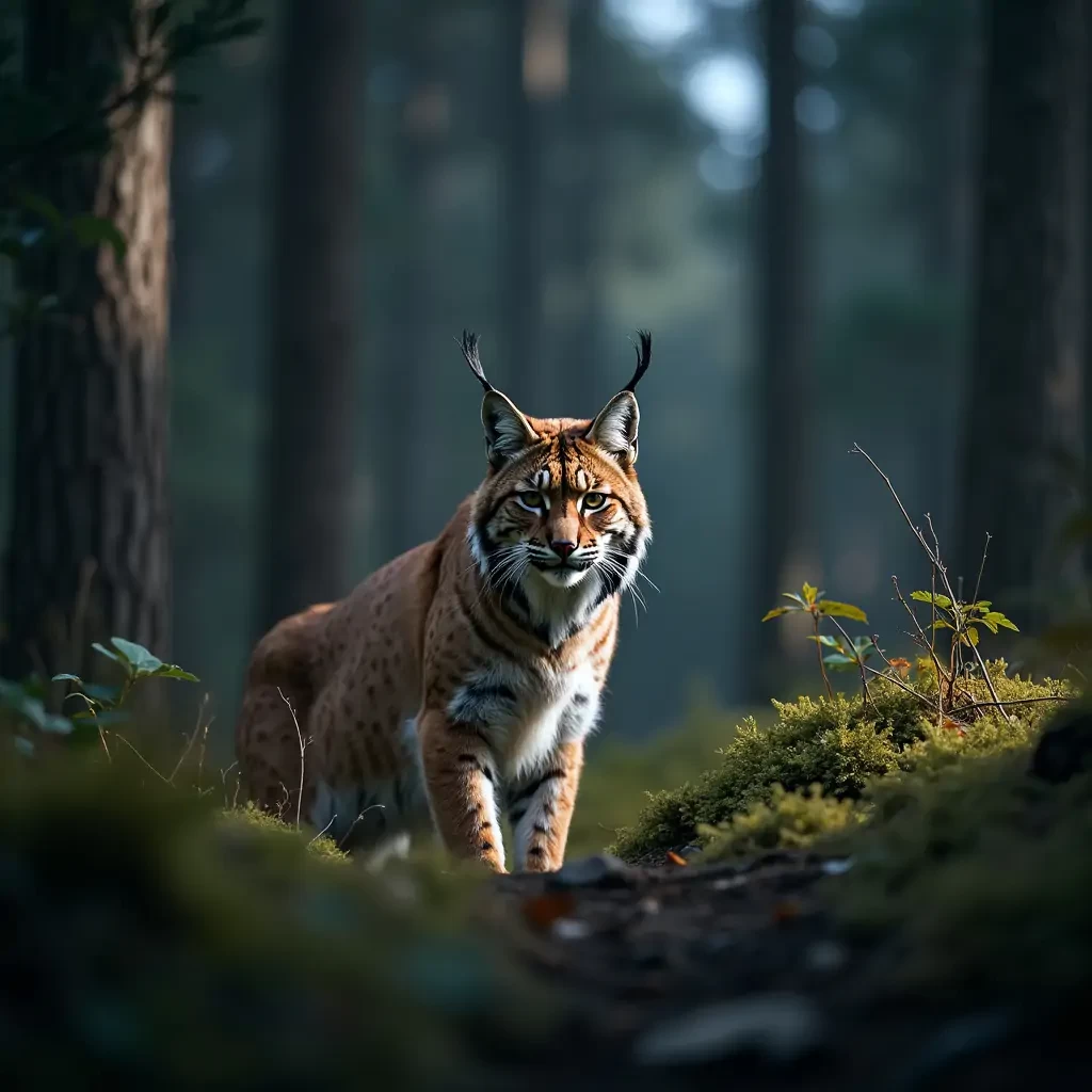 professional photograph of a lynx lit by moody harsh lighting in the middle of a forest