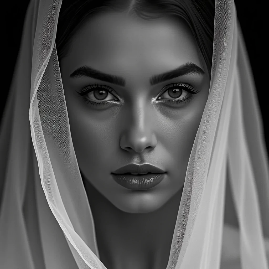 A poignant, photorealistic portrait of a stunning sexy European woman, wearing a sheer veil. Her gaze is powerful yet filled with melancholy. The raw purity of her emotions is perfectly reflected in the monochrome contrast of the image, shot using a Fujifilm X-Pro3 and a 35mm f/2 lens, stamped with 'AstraVision' marking its excellence.