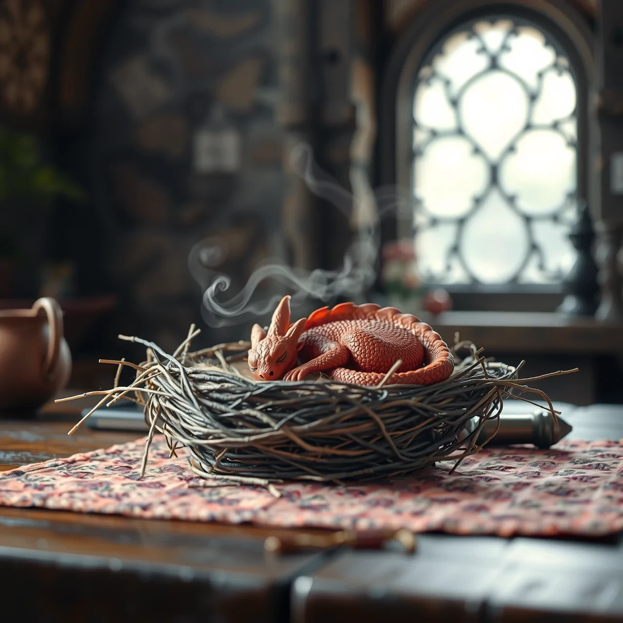Photo realistic scene inspired by LOTR: [A tiny red dragon sleeps curled up in a nest on a medieval wizard's table]. Shot with a macro lens (f/2.8, 50mm) and a Canon EOSR5, the soft focus captures [the cozy morning light filtering through a near by window]. The pastel colors and whimsical steam shapes enhance the serene atmosphere, evoking a DnD RPG setting. The image is rendered in 16K and 8K, highlighting [the intricate details and medieval charm].