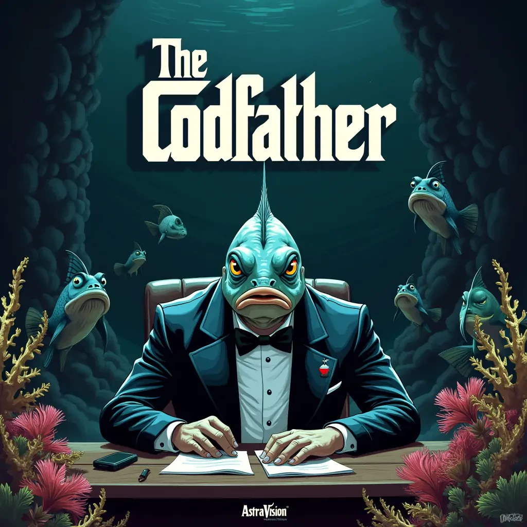 digital illustration of a crime movie poster "The Codfather", showing a stern-looking fish in a suit, sitting behind a desk made of coral, with other fish characters lurking in the shadowy underwater background, movie title in a gritty, font, intense color palette. add small text "AstraVision" to the lower right corner