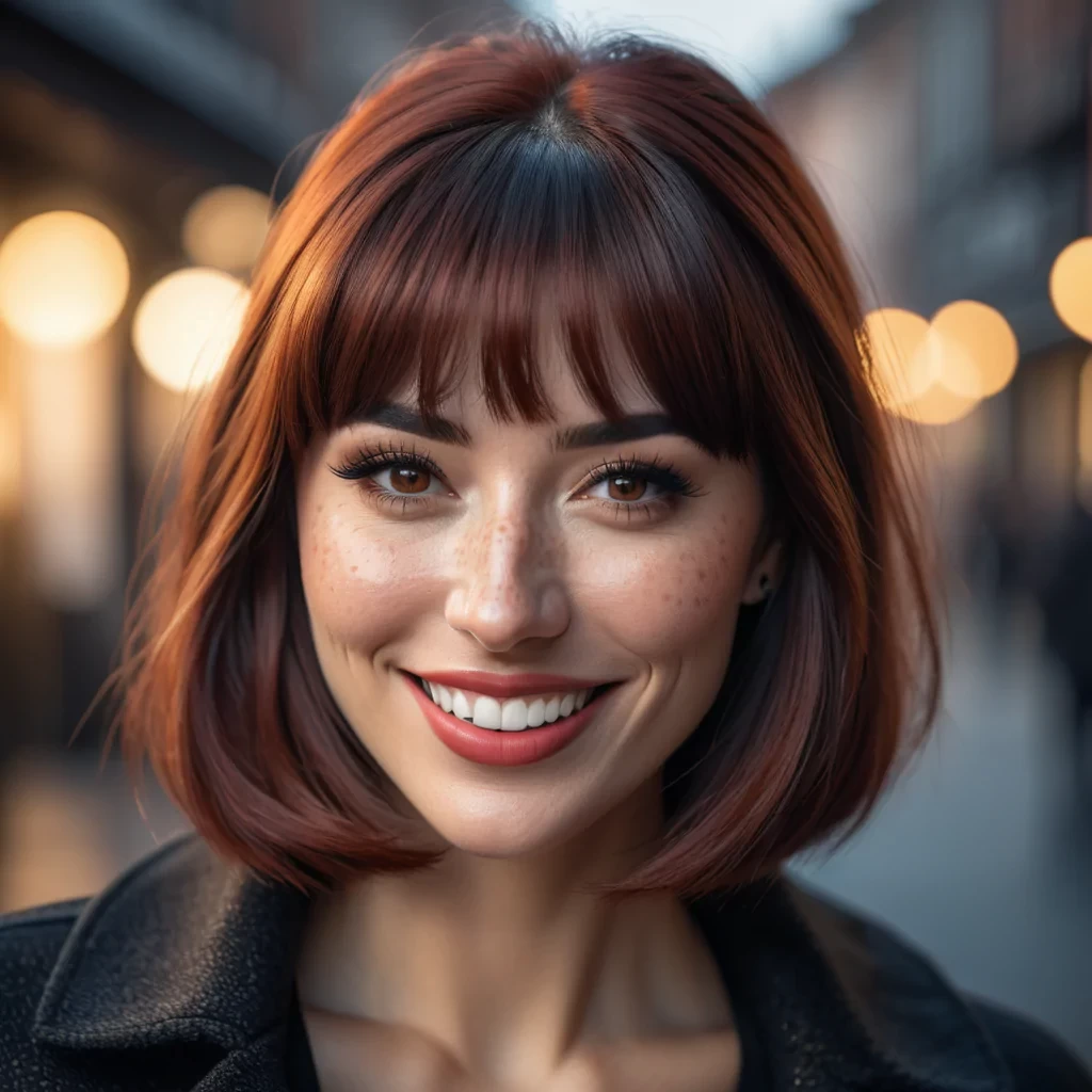 beautiful lady, (freckles), big smile, brown hazel eyes, Full Bangs, dark makeup, hyperdetailed photography, soft light, head and shoulders portrait, cover