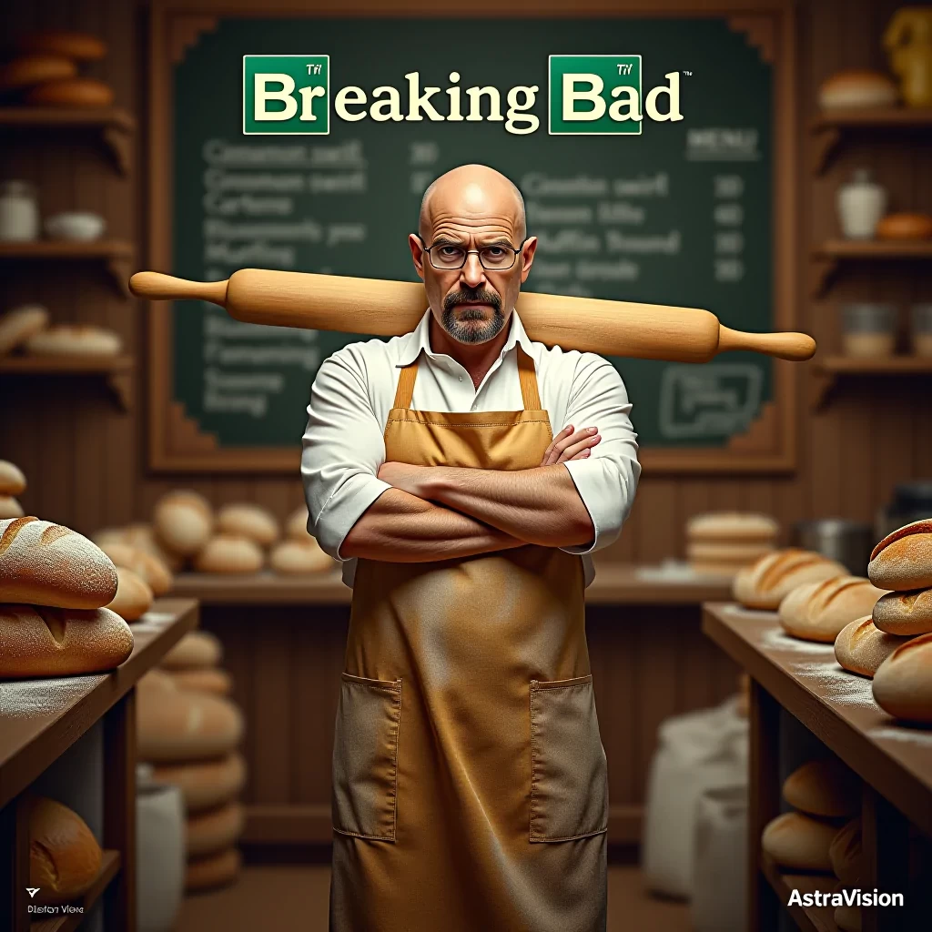 with " Small text "AstraVision" at bottom right corner, A TV show poster for a parody series titled "Breaking Bread," playing on the name of the famous show Breaking Bad. The poster features a stern-looking baker in a flour-dusted apron, with a rolling pin slung over his shoulder like a weapon. He stands in the middle of a rustic bakery, surrounded by stacks of bread loaves, pastries, and bags of flour, all arranged to mimic the iconic desert backdrop from the original show.  Behind him, the bakery's chalkboard menu lists items like "Cinnamon Swirl Cartel" and "Blueberry Muffin Meth," hinting at the culinary chaos that’s about to unfold. The baker’s expression is intense, yet comically serious, as if he's about to take on the world with nothing but his dough and determination.  The title "Breaking Bread" is displayed in bold, stylized text at the top, with the "Breaking" in a gritty, cracked font, while "Bread" is written in warm, golden letters resembling freshly baked loaves. The tagline beneath reads, "Baking is a Dangerous Game," adding to the pun-filled humor.  The overall color scheme of the poster is a mix of warm, bakery hues with the gritty, dark tones reminiscent of the original show, blending the intense drama of Breaking Bad with the lighthearted, culinary twist of "Breaking Bread.