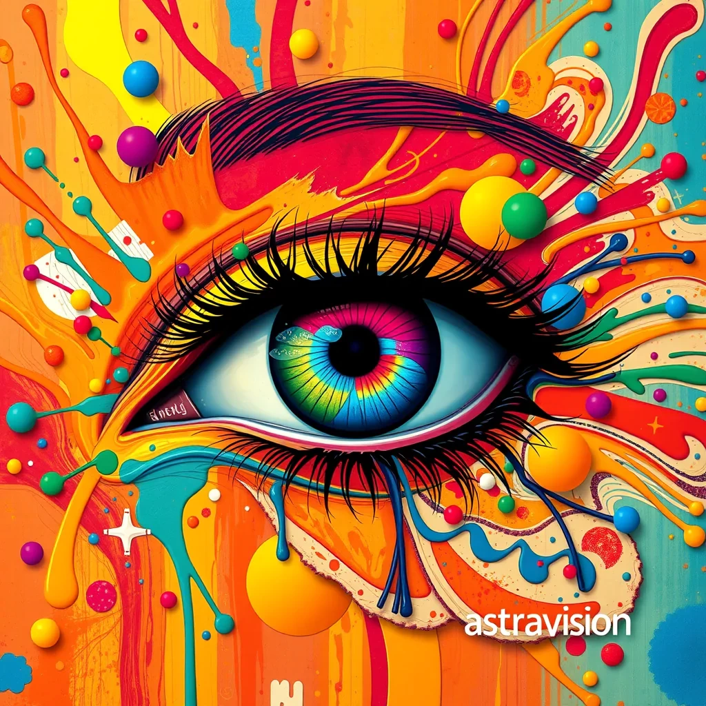 A vibrant and colorful artistic representation of an eye. The eye is the central focus, with its iris exhibiting a spectrum of colors ranging from reds to blues. Surrounding the eye are abstract patterns and shapes in a myriad of colors, including oranges, yellows, greens, and blues. Some of these patterns resemble fluid or paint splatters, while others have a more structured, almost psychedelic appearance. The eye's eyelashes are prominently depicted, and they seem to be made of thick, black strands. The overall feel of the image is dynamic, energetic, and evocative of intense emotion or creativity. add small text 'astravision' to the lower right corner.