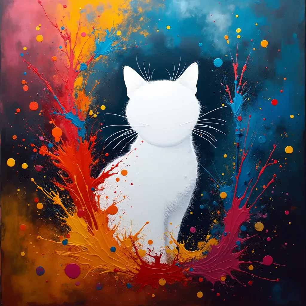 a swirl of colorful paints, abstract art dark background, dynamic angle, bright colors, paint drips, canvas in the middle, with abstract paint splashes and smudges. negative space themed, the center is a perfectly empty clean white canvas shaped like a cat hyperrealistic, full body, detailed clothing, highly detailed, cinematic lighting, stunningly beautiful, intricate, sharp focus, f/1. 8, 85mm, (centered image composition), (professionally color graded), ((bright soft diffused light)), volumetric fog, trending on instagram, trending on tumblr, HDR 4K, 8K