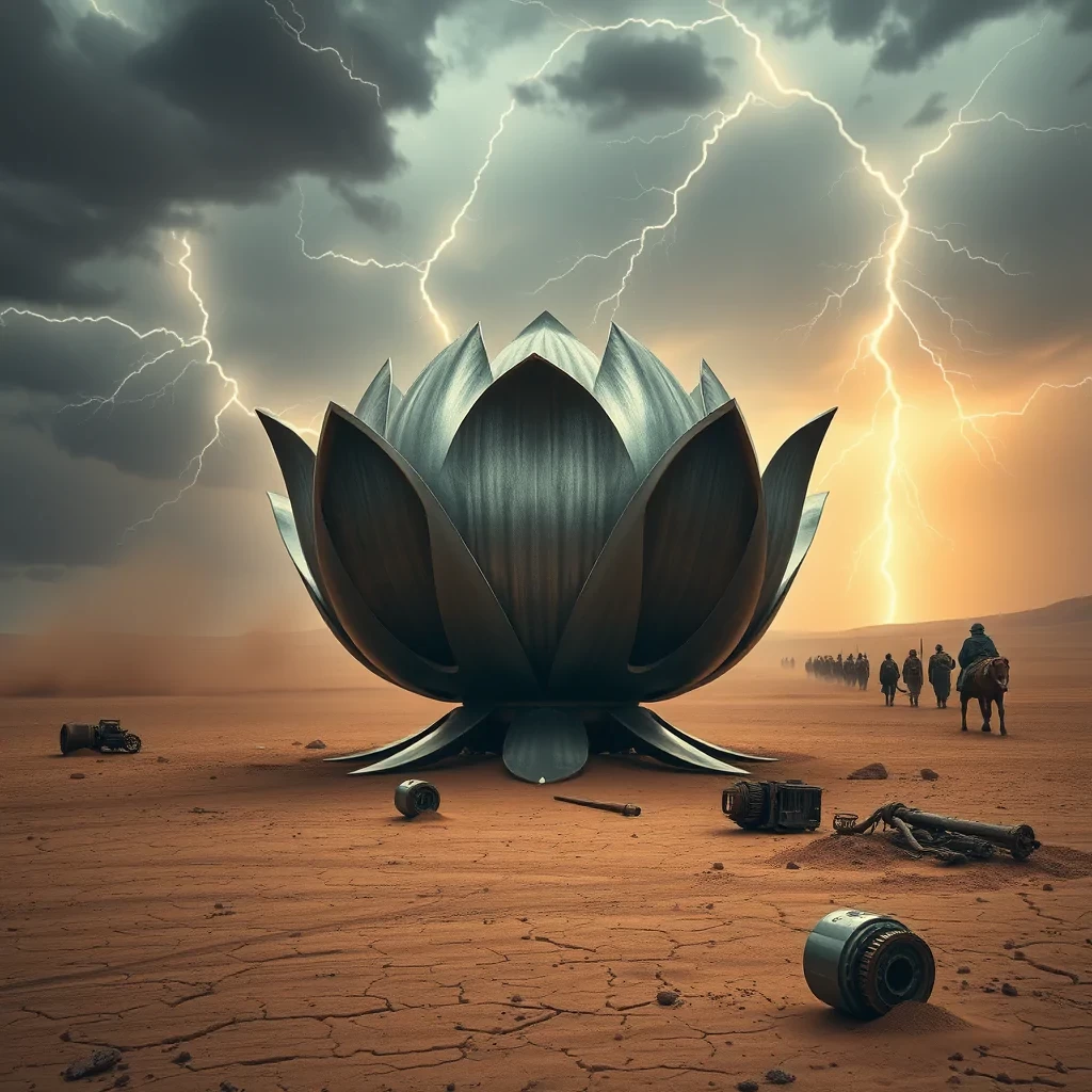 The massive metallic lotus flower stands resilient in the center of the desert as a fierce lightning storm rages above. The sky is a swirl of dark clouds, while bolts of lightning dance across the horizon, casting sharp shadows across the cracked earth. Around the flower, scattered remnants of ancient machinery lie half-buried in the sand, suggesting a forgotten civilization. Wind howls, kicking up dust that momentarily obscures the scene before dissipating to reveal a caravan of nomadic travelers in the distance, their cloaked figures silhouetted against the electric sky. Shot with a Leica SL2, the ultra-realistic detail of the flower's shimmering petals contrasts with the harsh, raw beauty of the desert, evoking Roger Deakins' vast cinematic landscapes. Every lightning strike, grain of sand, and rusted relic is captured with stunning clarity.